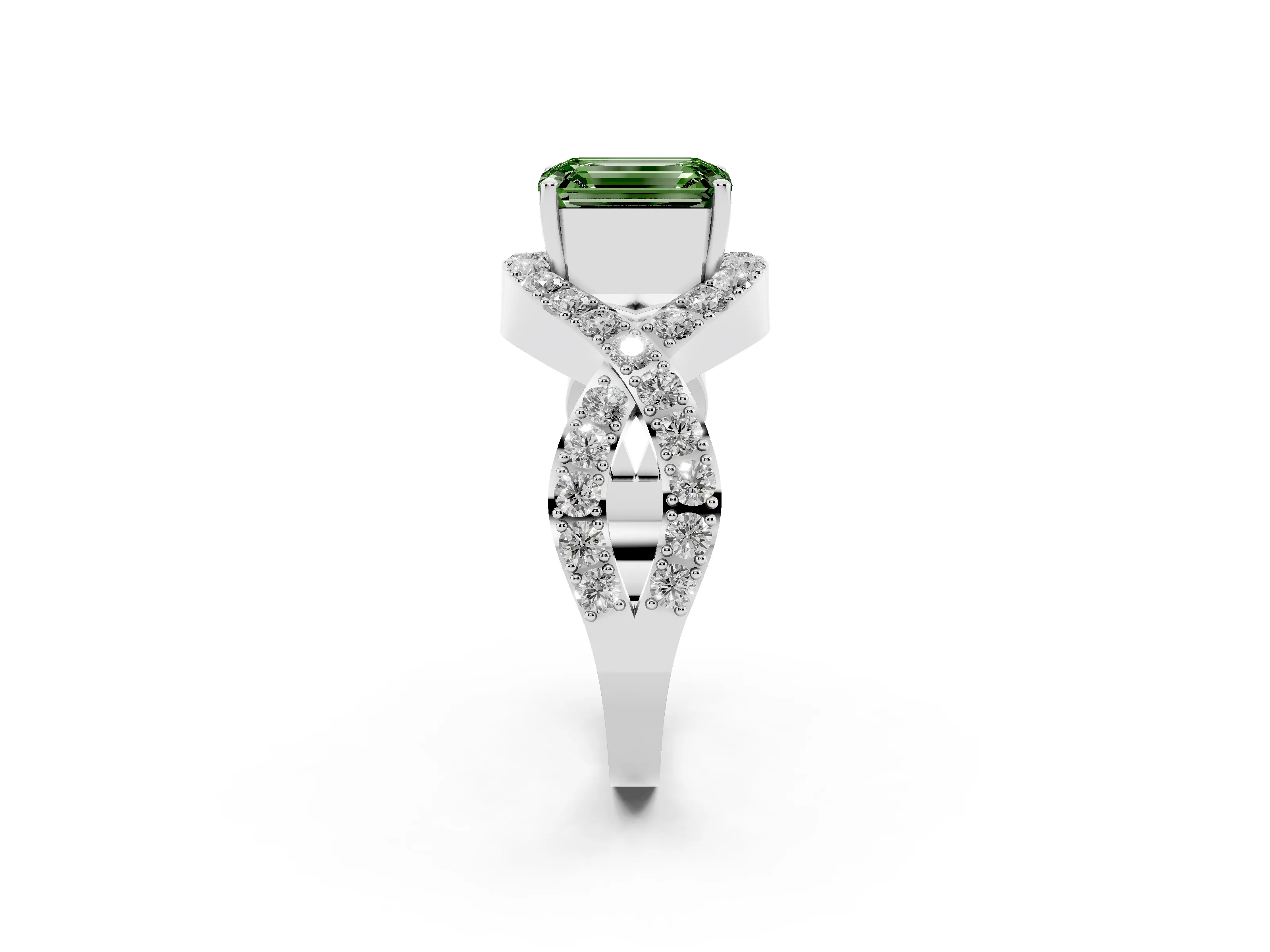 Fancy Green Emerald Cut Diamond Solitaire Twist Band Pavé Engagement Ring Set in White gold