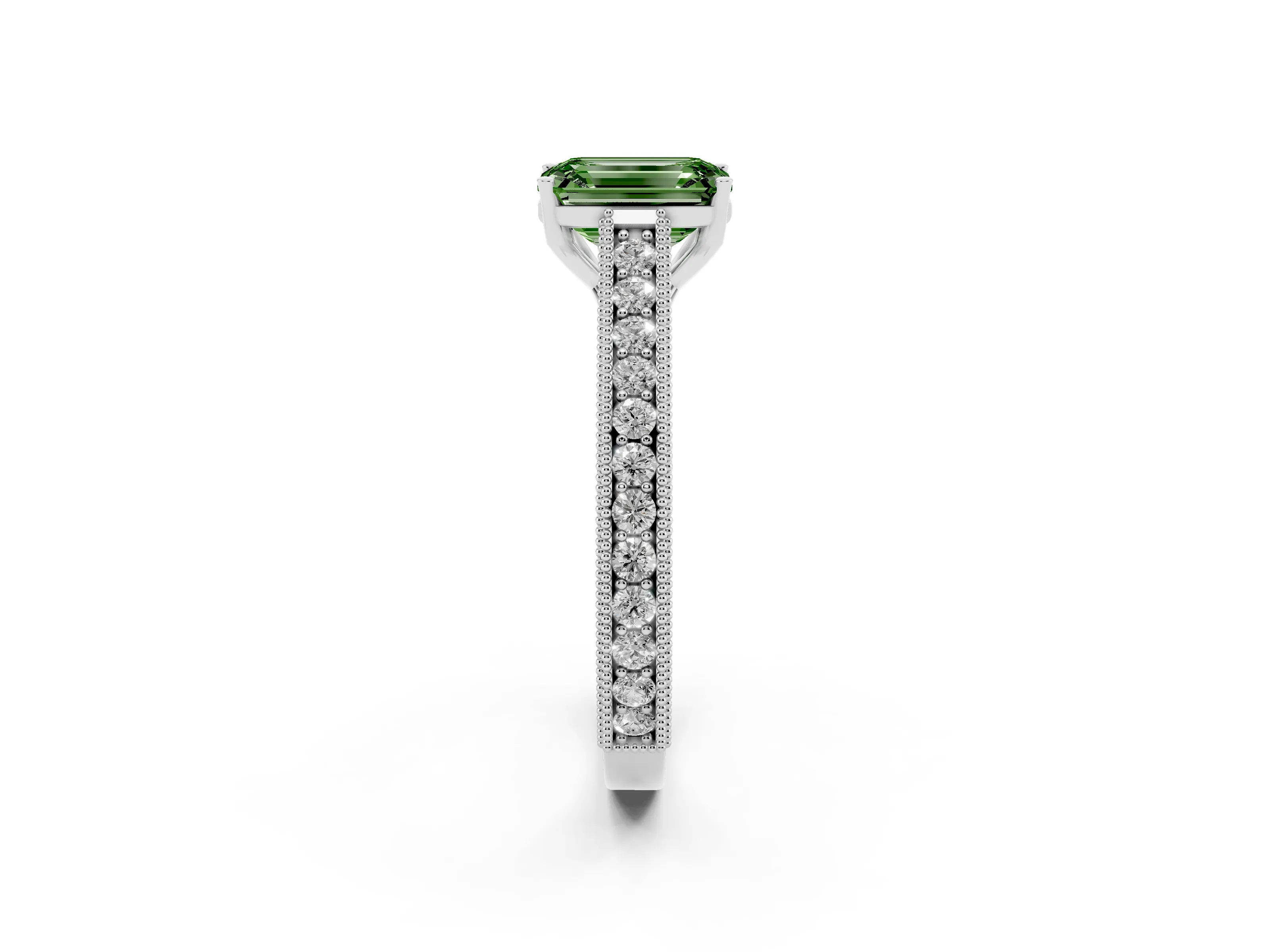 Fancy Green Emerald Cut Diamond Milgrain Pavé Band Solitaire Ring Set in Silver with Prong Setting