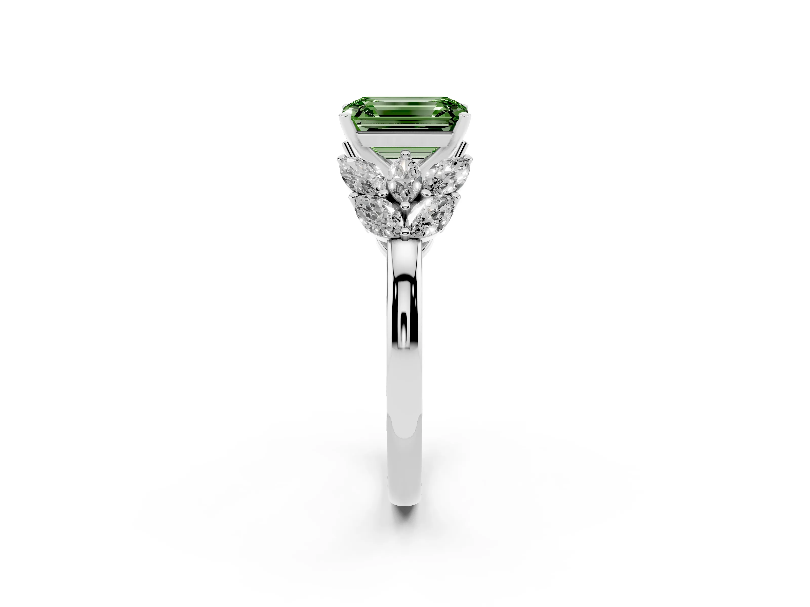 Fancy Green Emerald Cut Diamond Cluster Leaf Design Ring Set in Platinum with Prong Setting