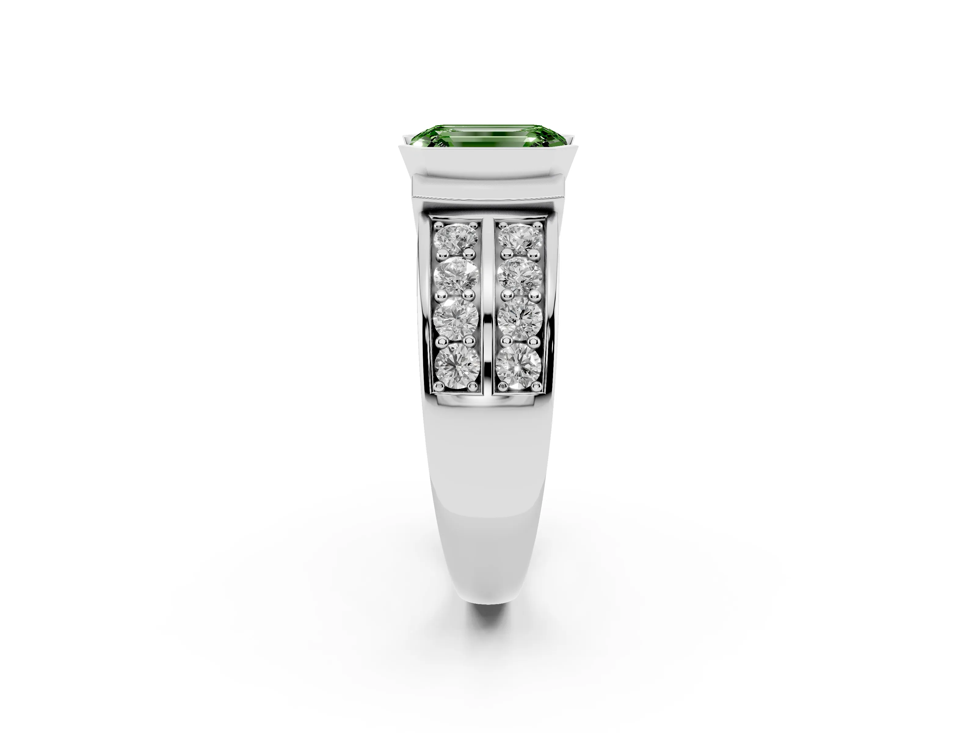 Fancy Green Emerald Cut Diamond Wide Channel Set Band Ring Set in Silver with Bezel Setting