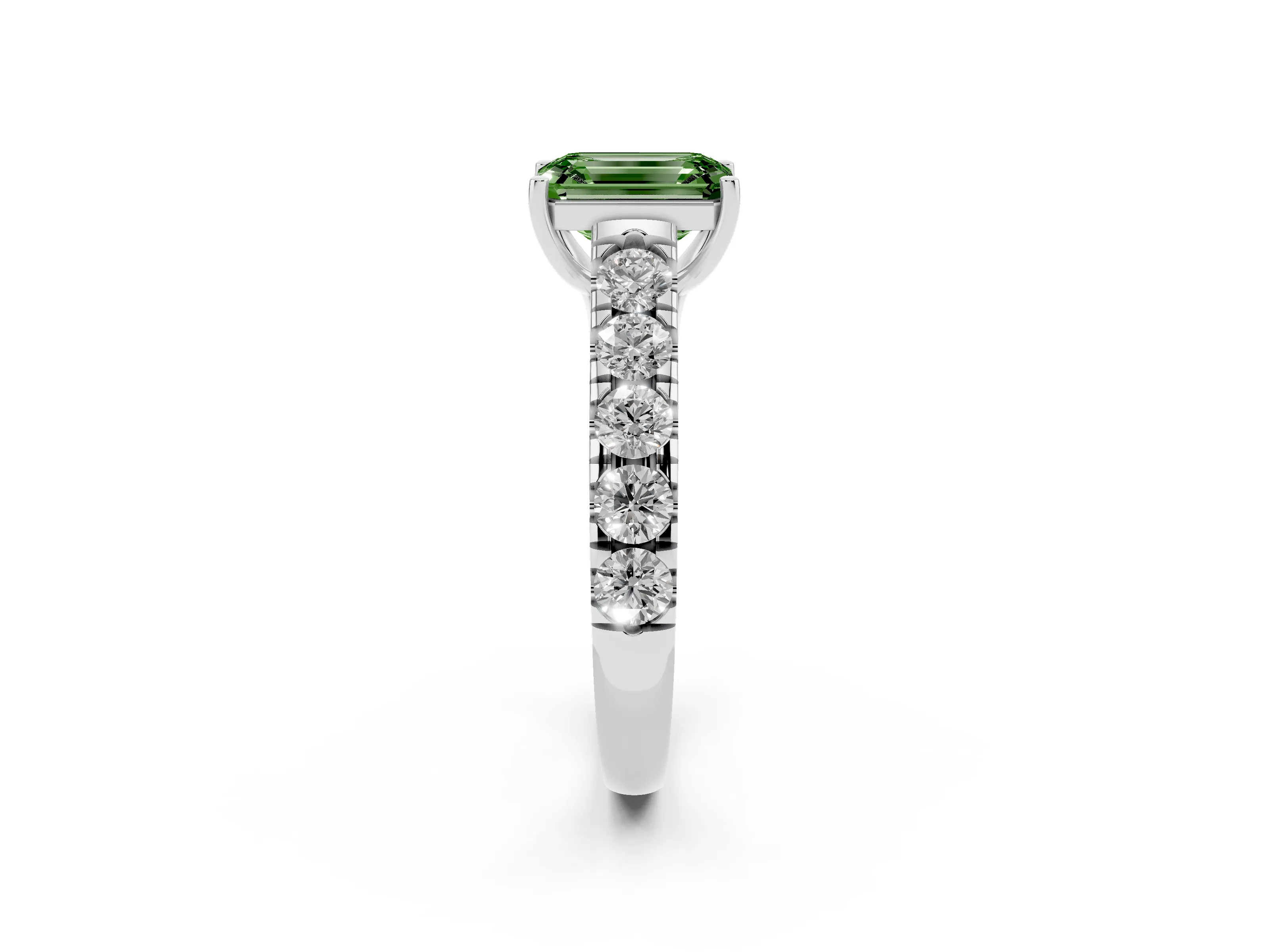 Fancy Green Emerald Cut Diamond Solitaire Ring Set in Silver with Cut-Down Micro Pavé Band and Prong Setting