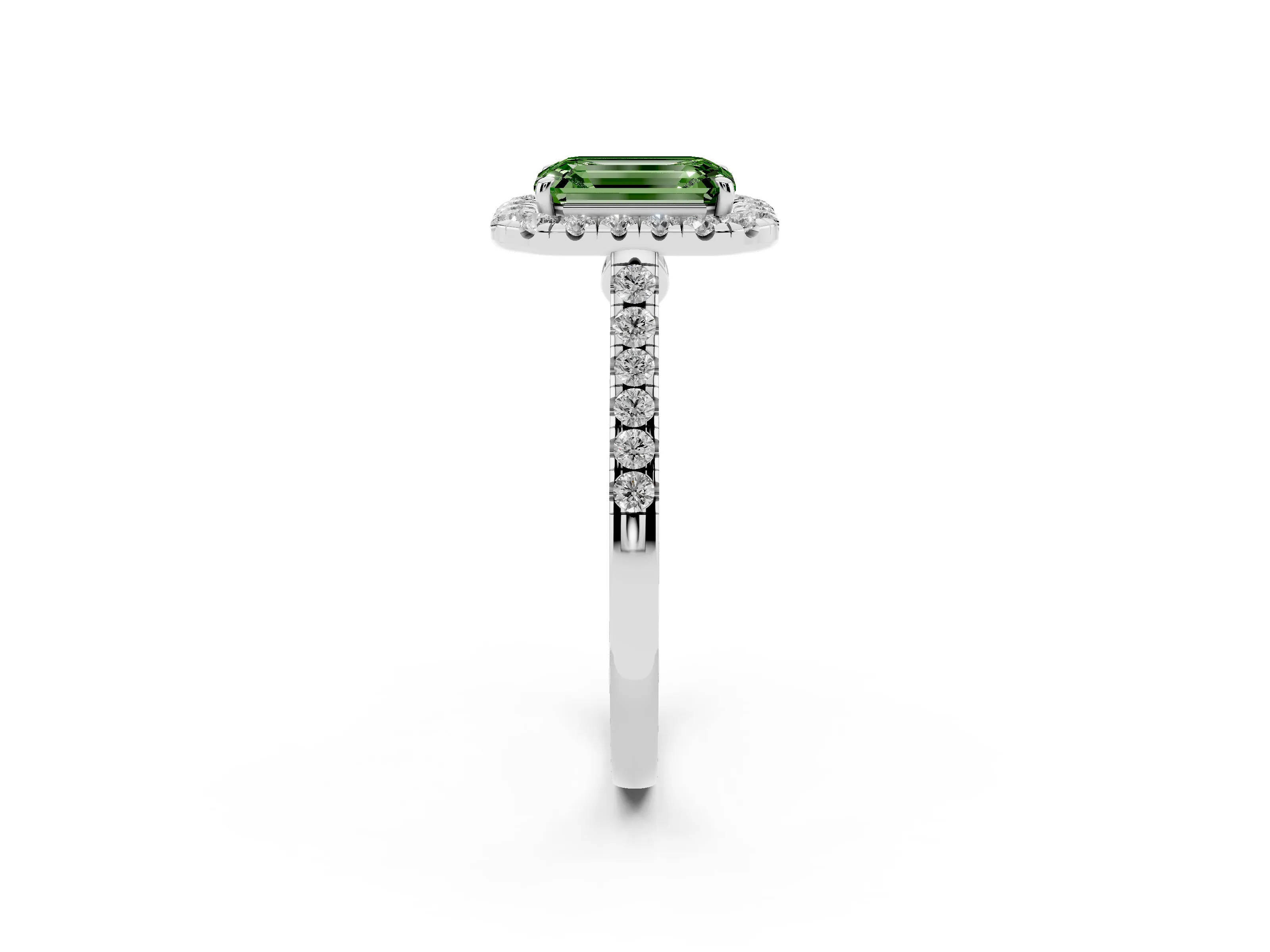 Fancy Green Emerald Cut Diamond Halo Pavé Engagement Ring Set in White gold with Prong Setting