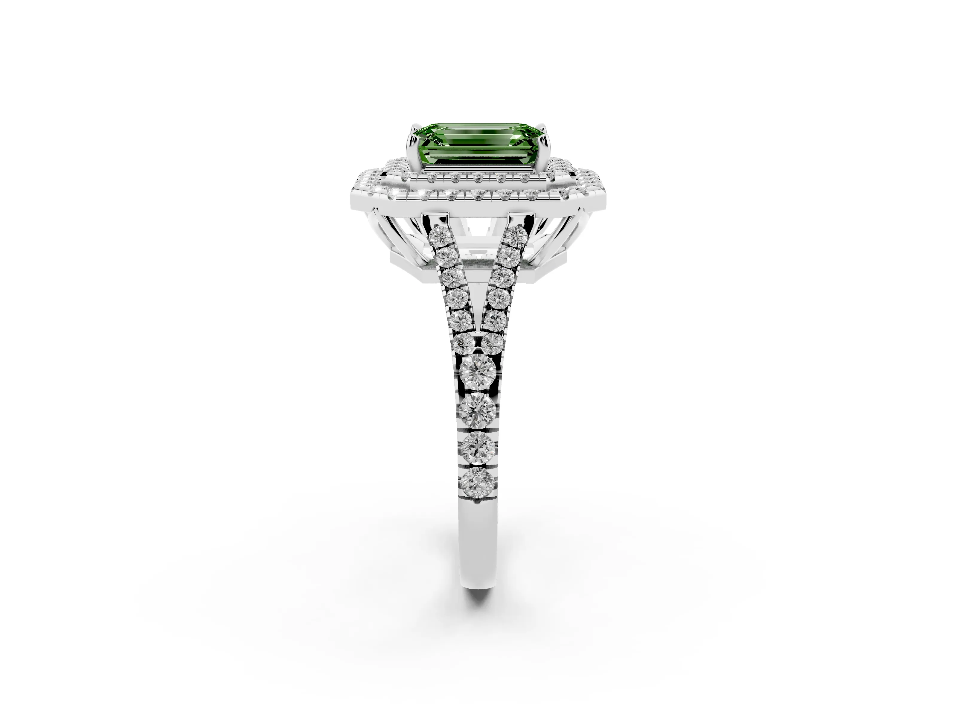 Fancy Green Emerald Cut Diamond Double Halo Ring Set in Silver with Pavé Band