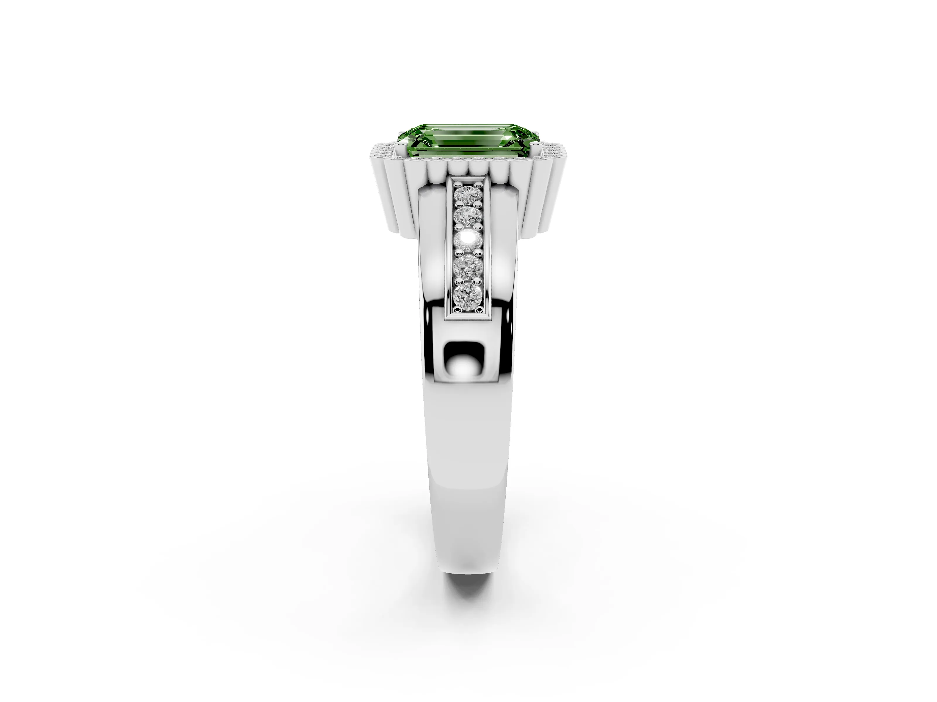 Fancy Green Emerald Cut Diamond Halo Prong Ring Set in Silver with Pavé Band