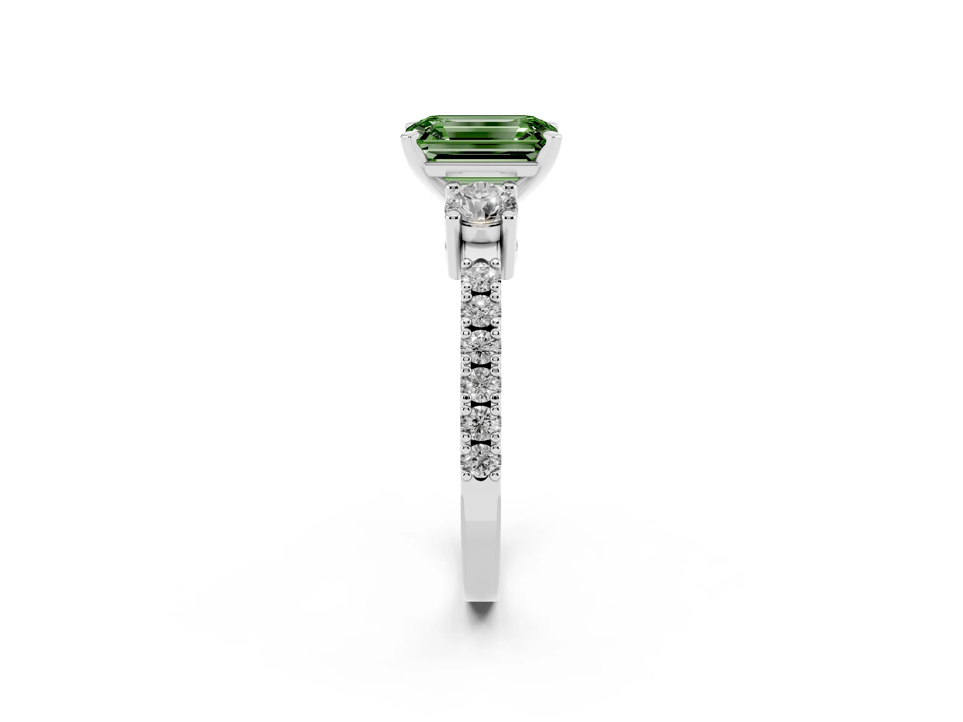 Fancy Green Three-Stone Emerald Cut Diamond Pavé Band Ring Set in White gold with Prong Setting