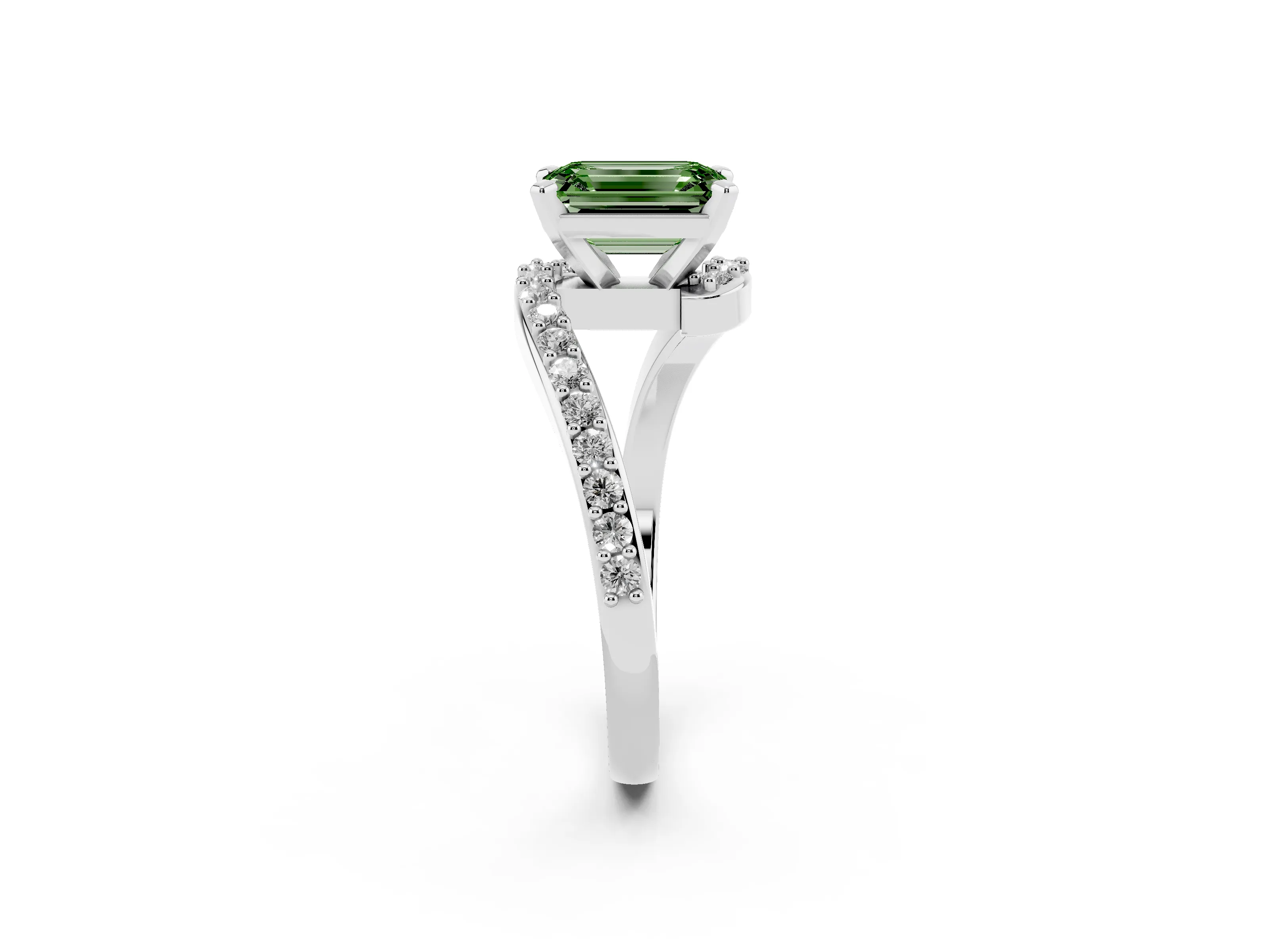 Fancy Green Emerald Cut Diamond Solitaire Ring Set in White gold with Pavé Twist Band and Prong Setting