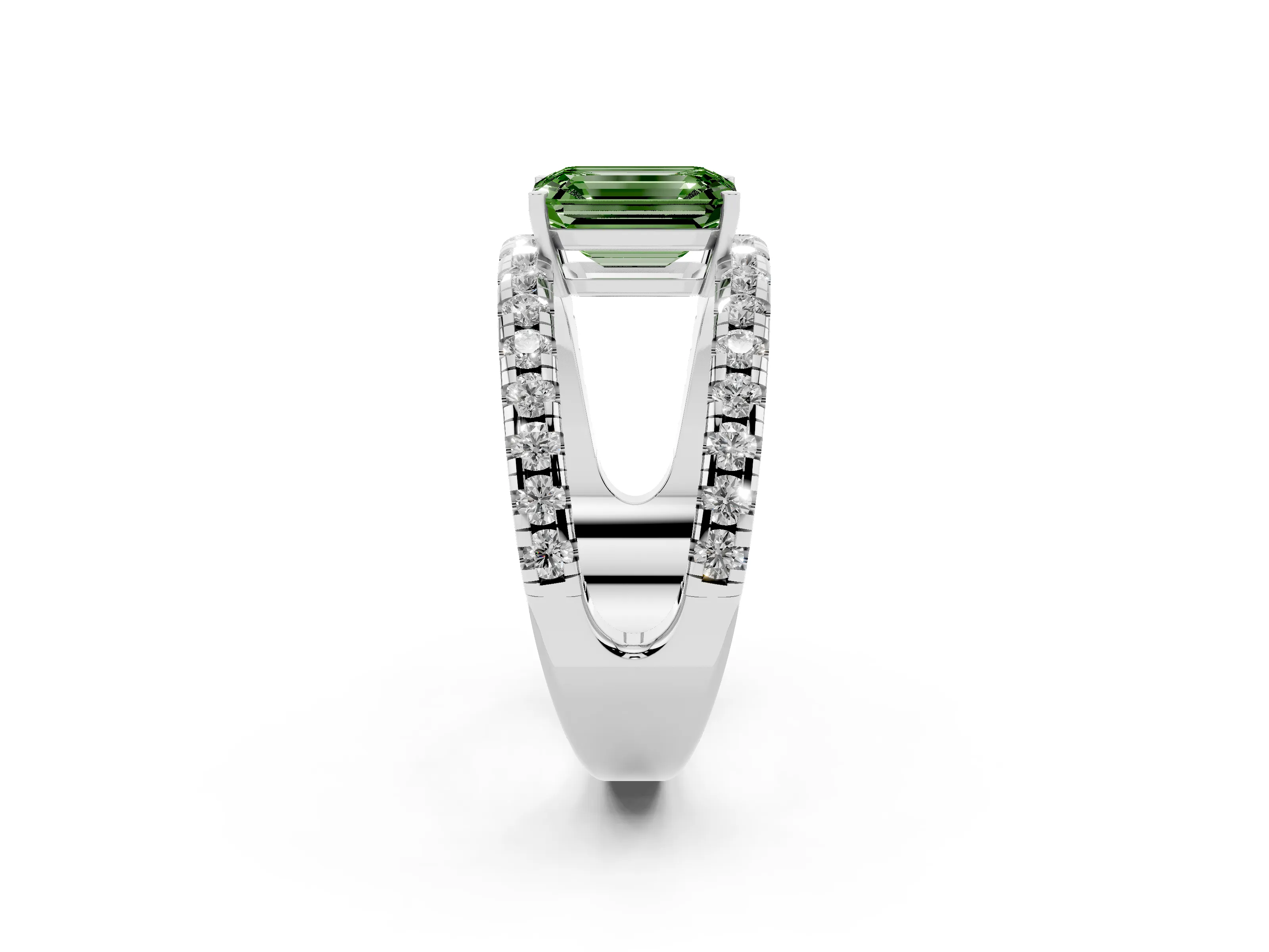 Fancy Green Emerald Cut Diamond Split Shank Pavé Solitaire Ring Set in Silver with Open Shank Design