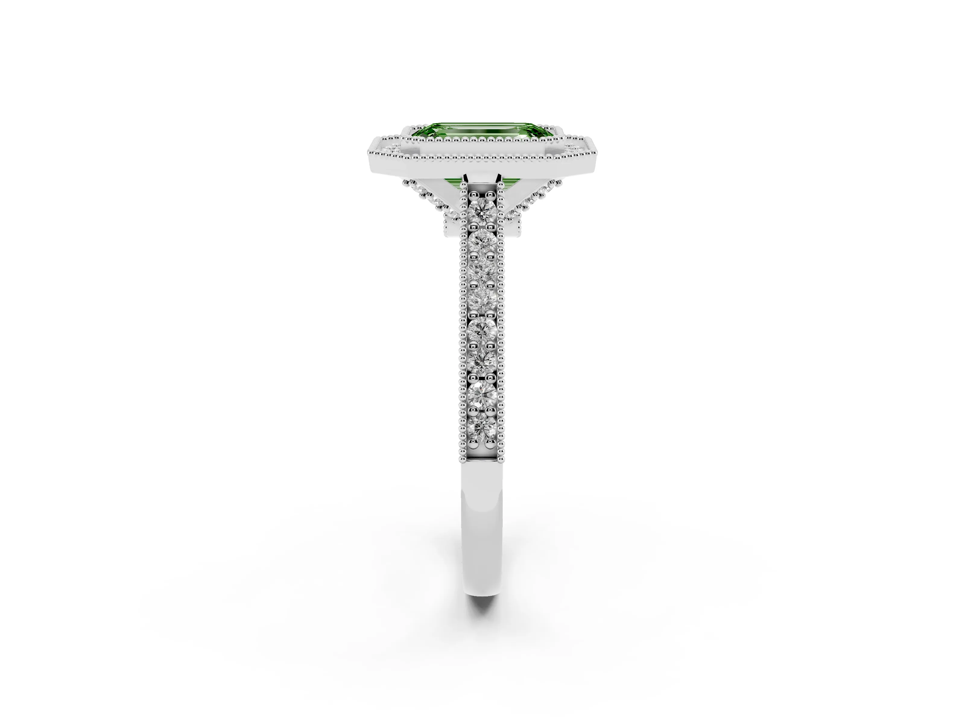 Fancy Green Emerald Cut Diamond Halo Milgrain Pavé Band Ring Set in White gold with Prong Setting