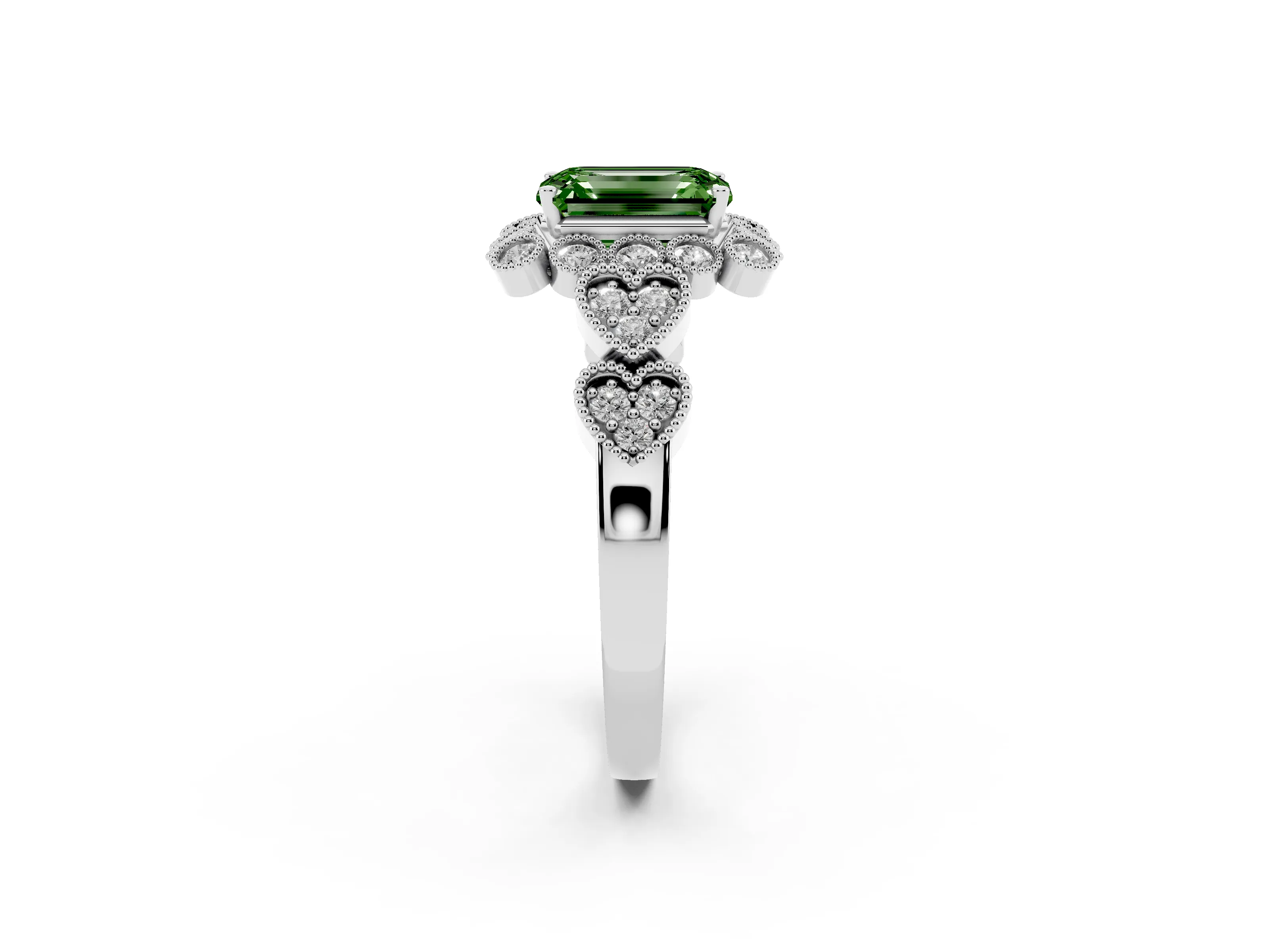 Fancy Green Emerald Cut Diamond Solitaire Ring Set in Silver with Milgrain Pavé Heart Band