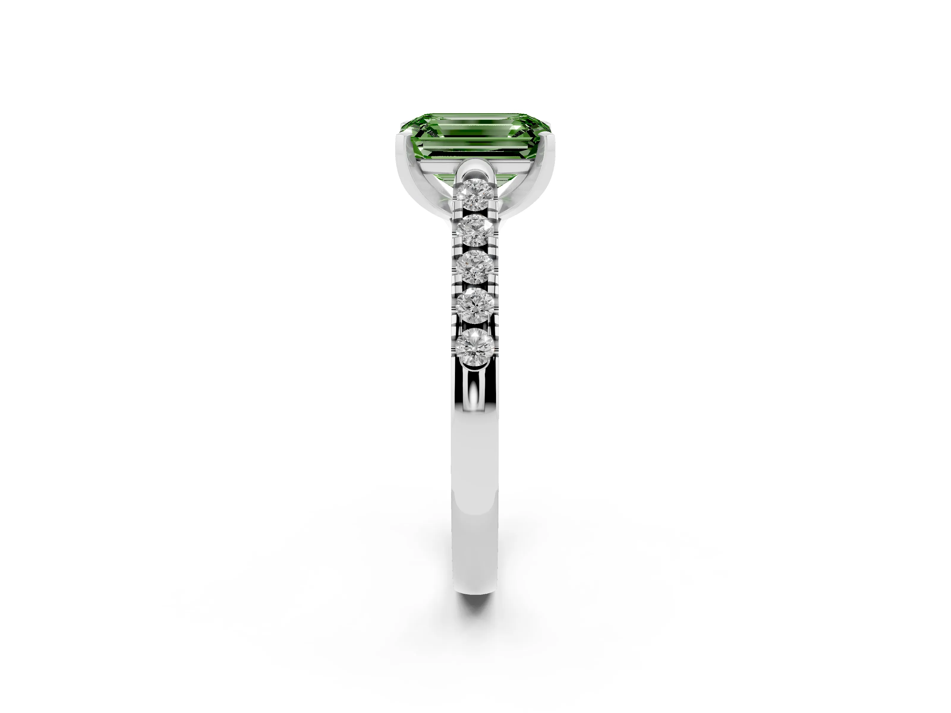 Fancy Green Emerald Cut Diamond Pavé Band Solitaire Ring Set in White gold with Partway Accent Stones and Prong Setting
