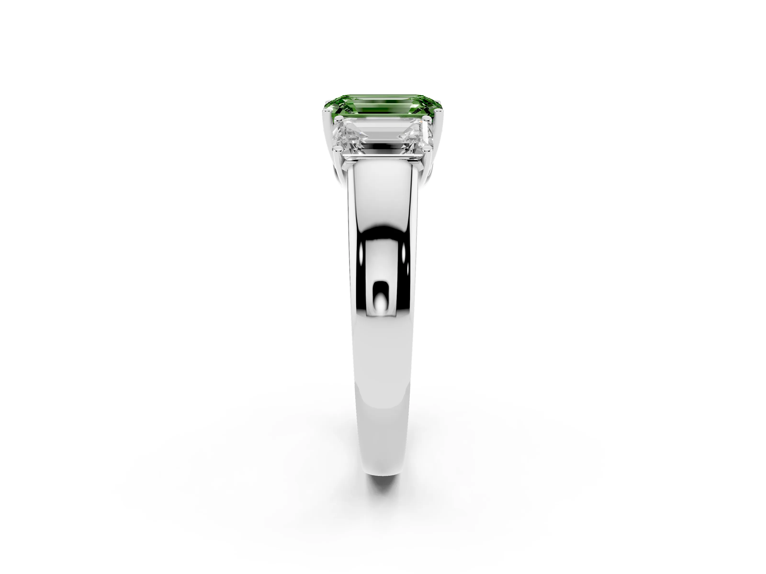 Fancy Green Three-Stone Emerald Cut Diamond Ring Set in Platinum with Matching Prong Settings and Plain Band