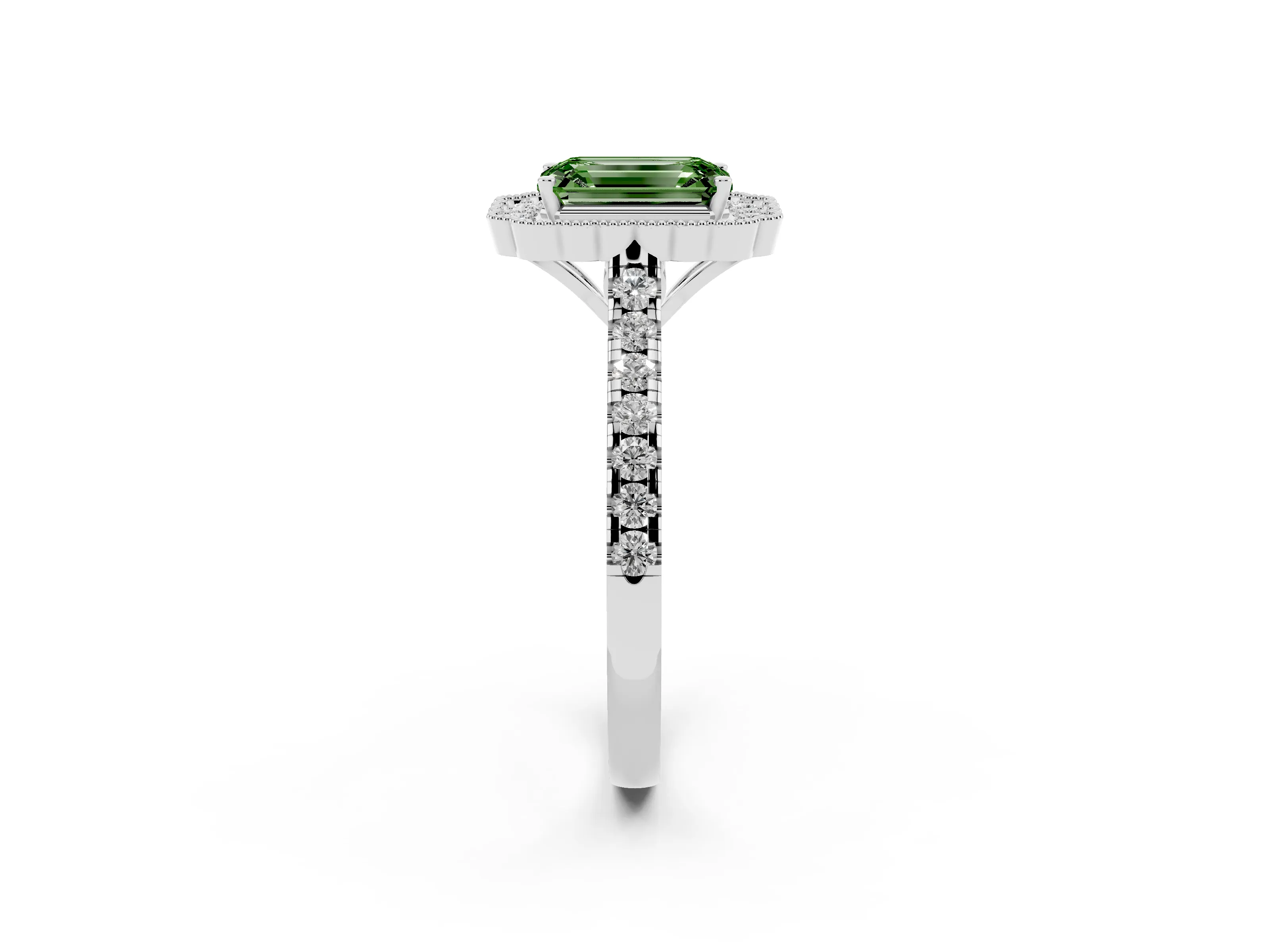 Fancy Green Emerald Cut Diamond Milgrain Floral Halo Engagement Ring Set in White gold with Pavé Band