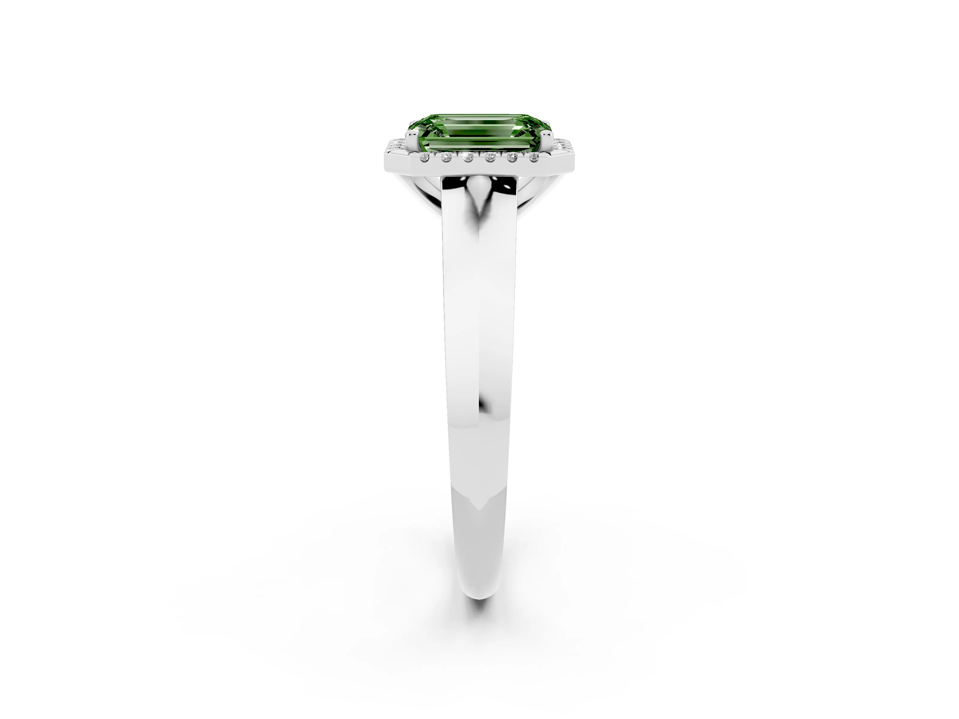 Fancy Green Emerald Cut Diamond Halo Ring Set in White gold with Cathedral Band and Prong Setting