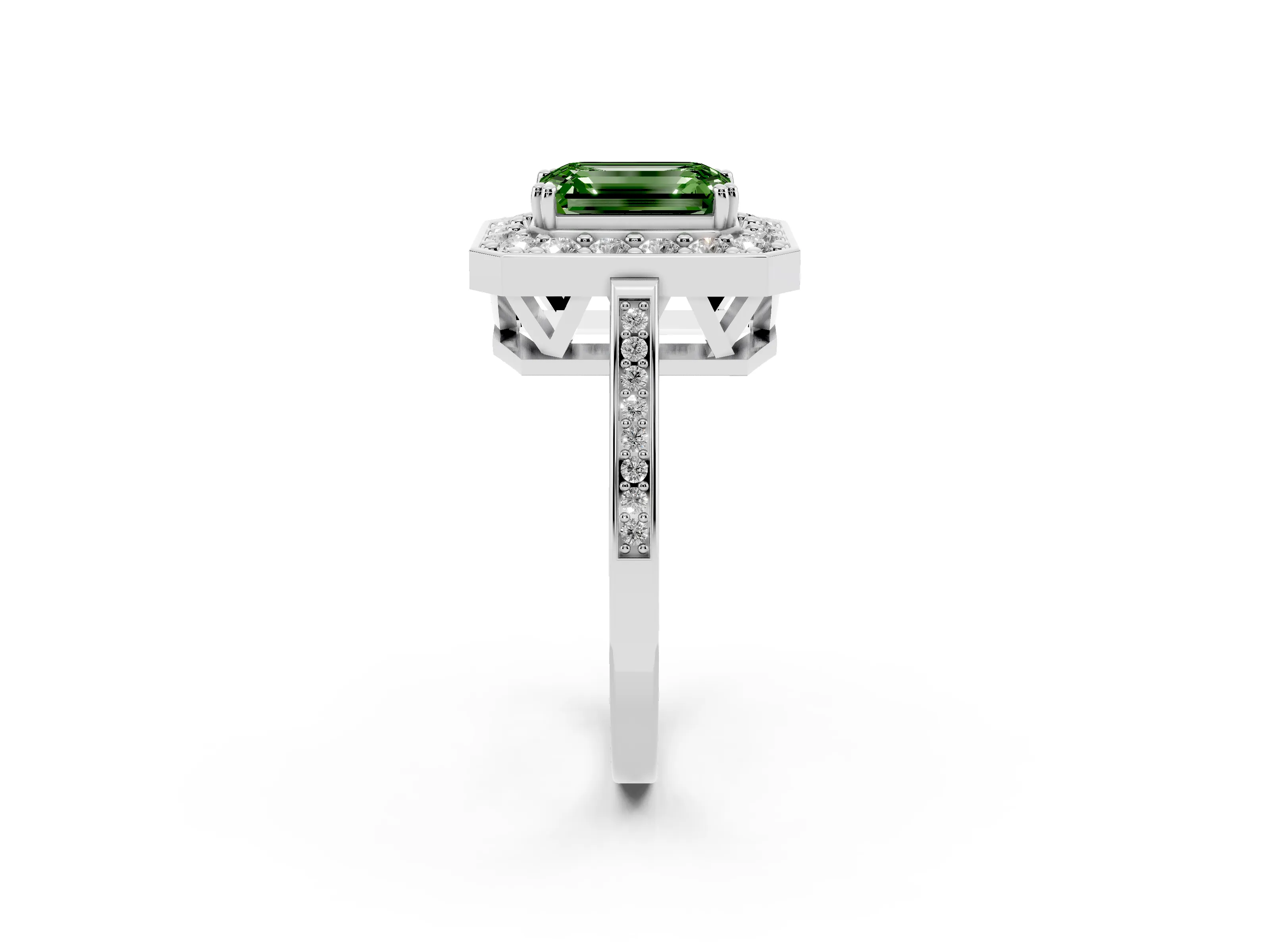 Fancy Green Emerald Cut Diamond Halo Ring Set in White gold with Accent-Lined Split Shank and Prong Setting