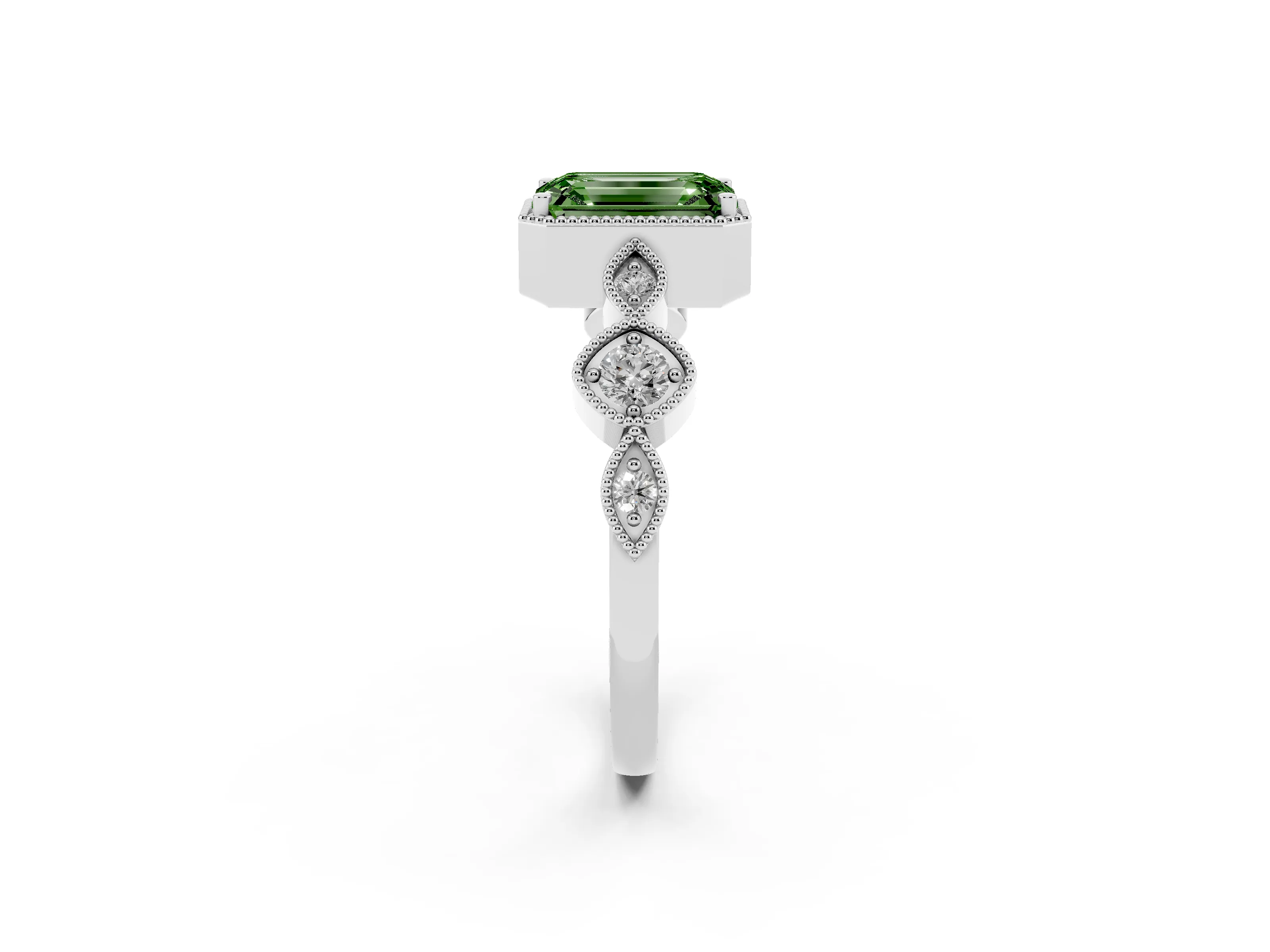 Fancy Green Emerald Cut Diamond Vintage-Inspired Milgrain Ring Set in White gold with Marquise Stations of Round Accents