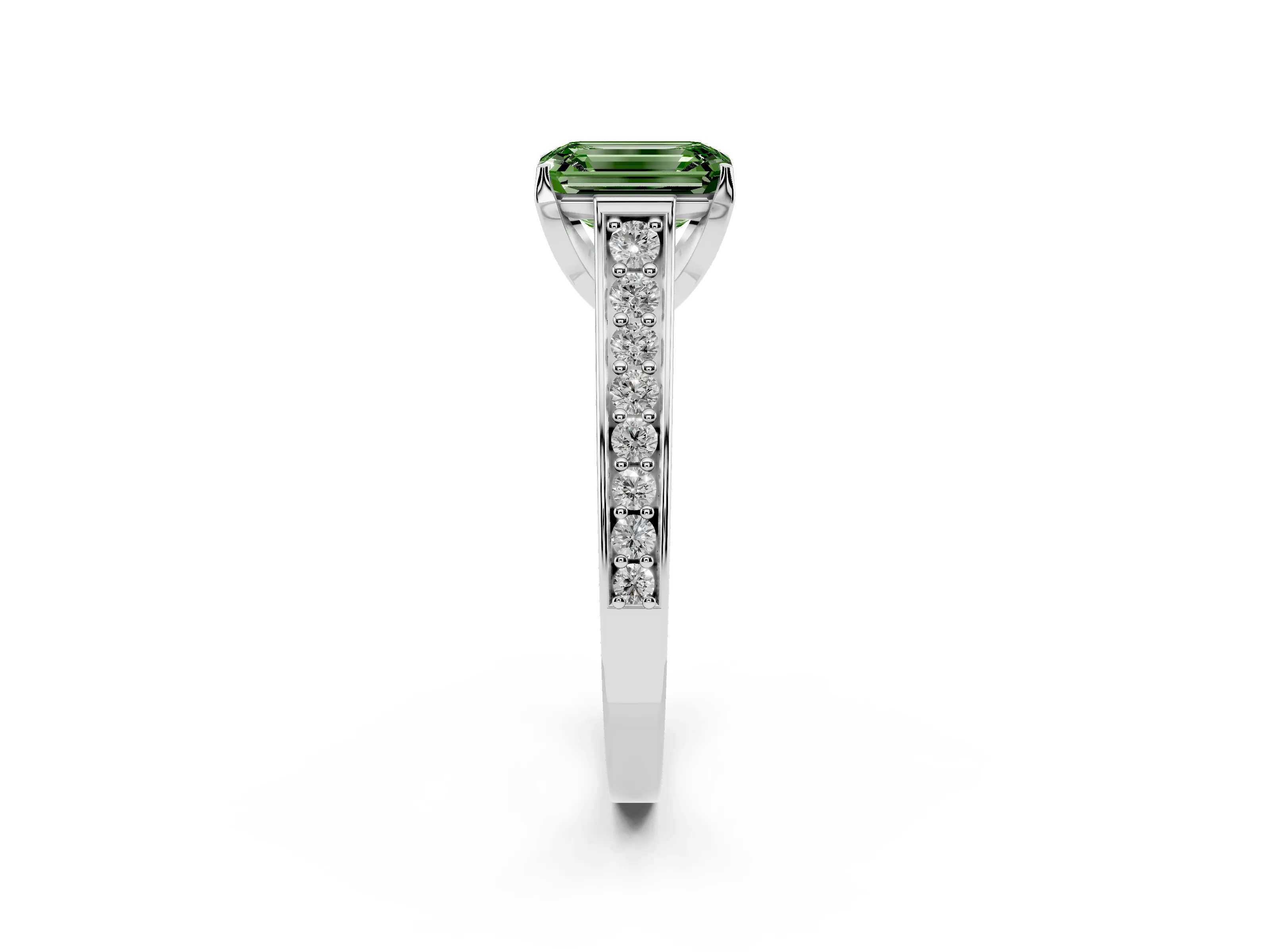 Fancy Green Emerald Cut Diamond Solitaire Pavé Engagement Ring Set in White gold with Prong Setting