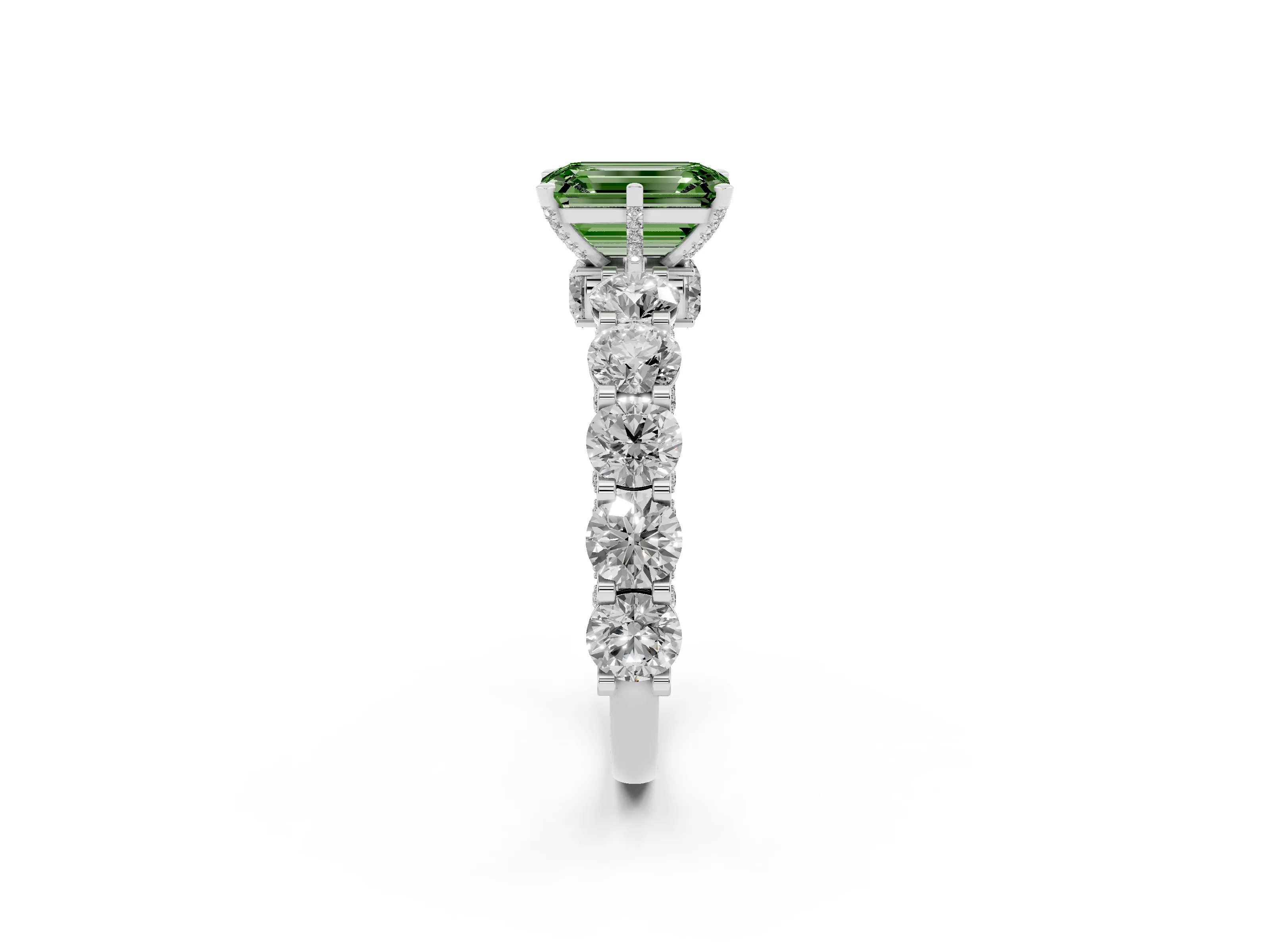 Fancy Green Emerald Cut Diamond Side Stone Ring Set in Platinum with Alternating Round and Oval Side Stones