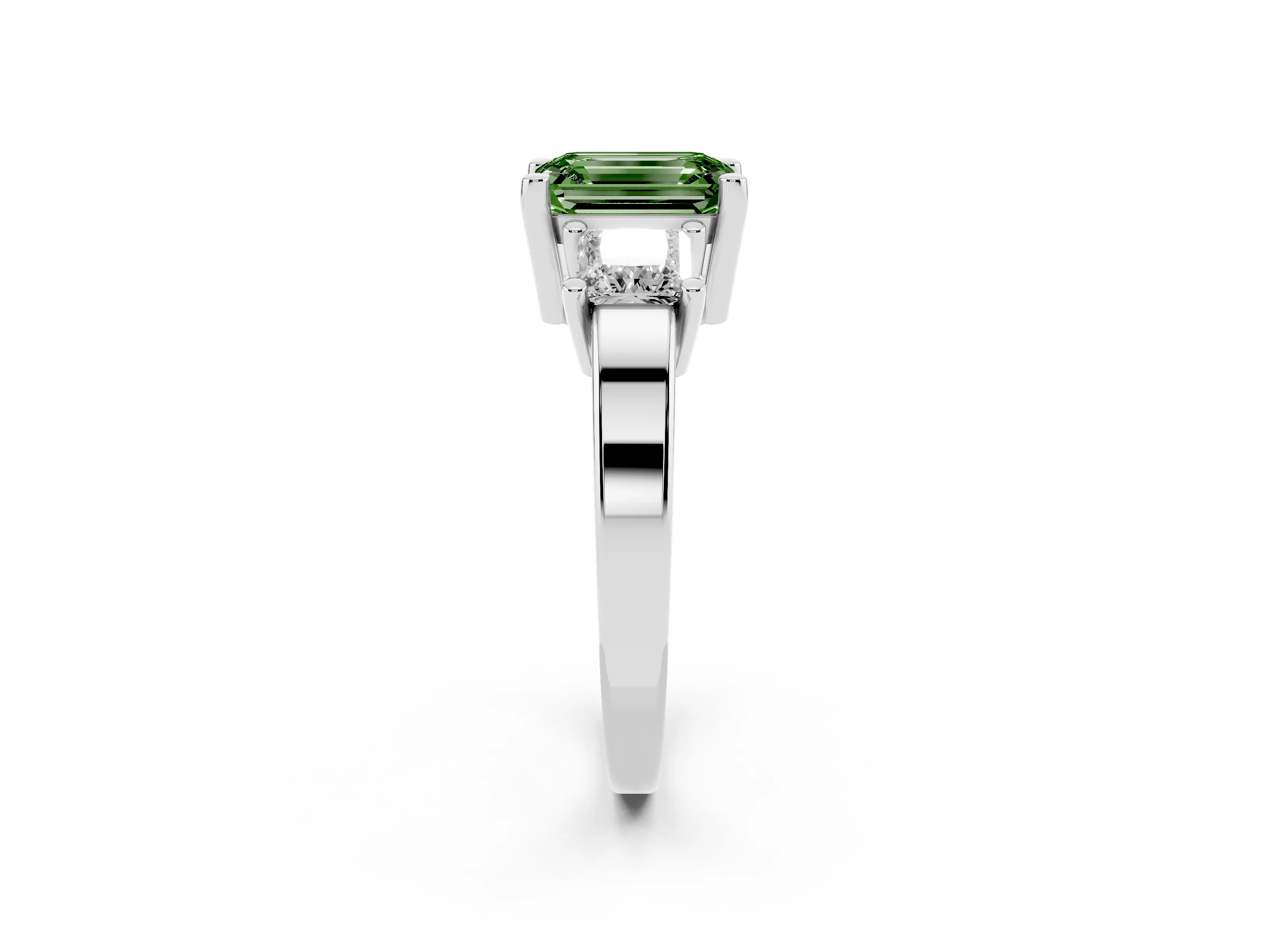 Fancy Green Three-Stone Emerald Cut Diamond Solitaire Ring Set in Platinum with Prong Setting