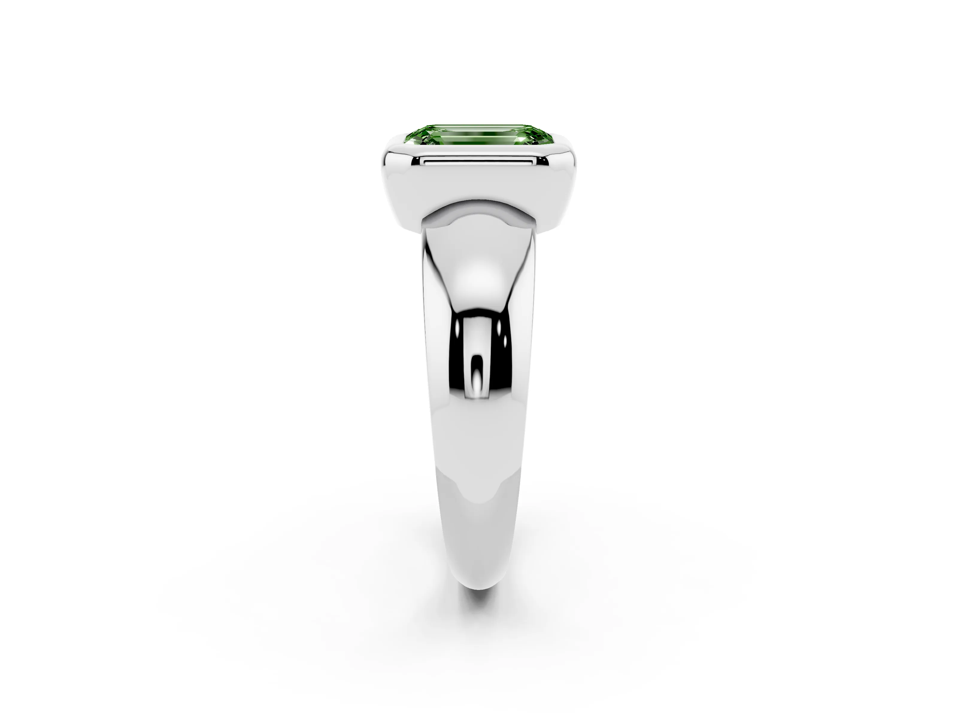 Fancy Green Bezel Set Emerald Cut Diamond Solitaire Ring Set in White gold with Wide Band