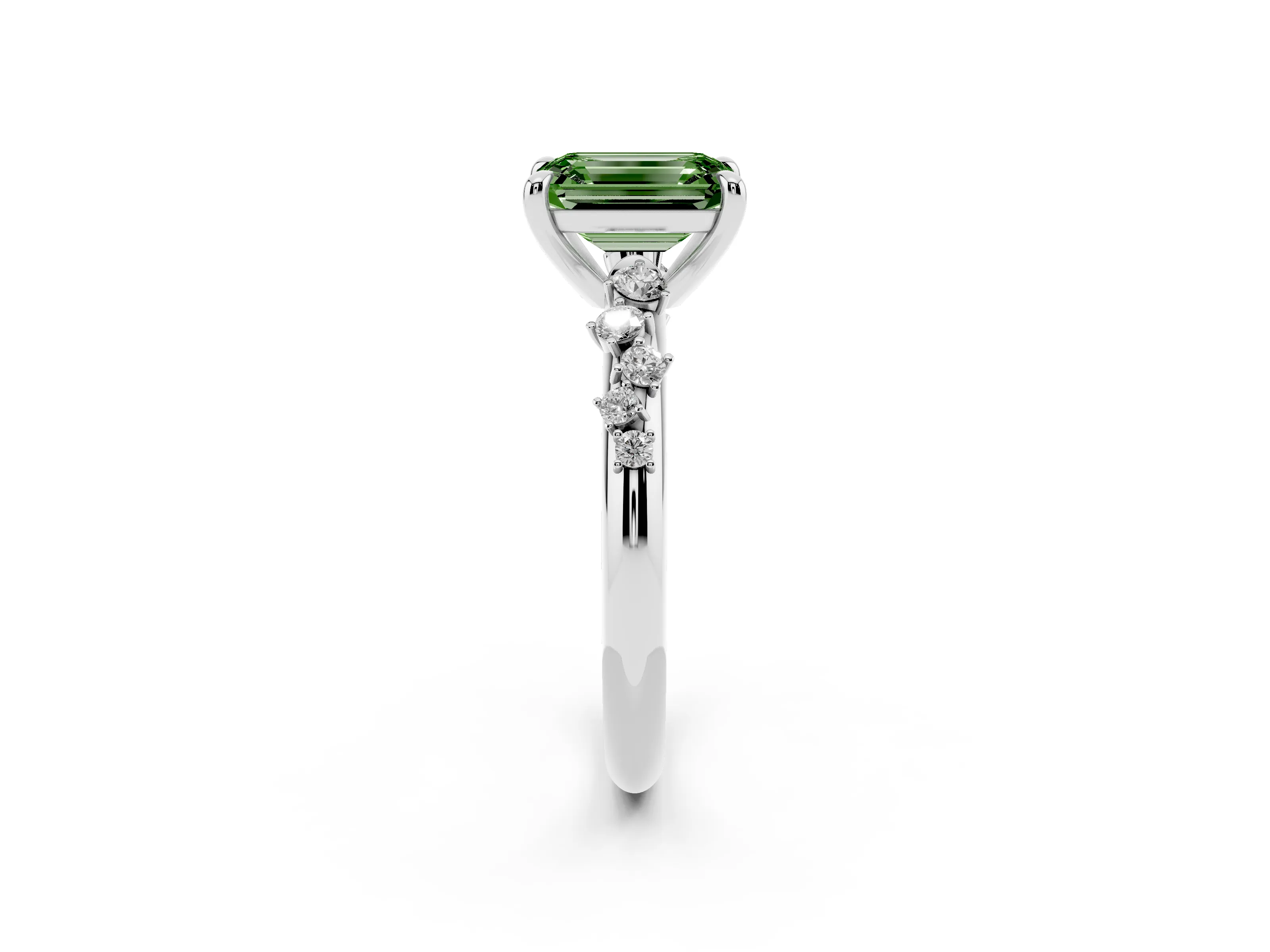 Fancy Green Emerald Cut Diamond Solitaire Vine Band Ring Set in White gold with Round Accents and Prong Setting