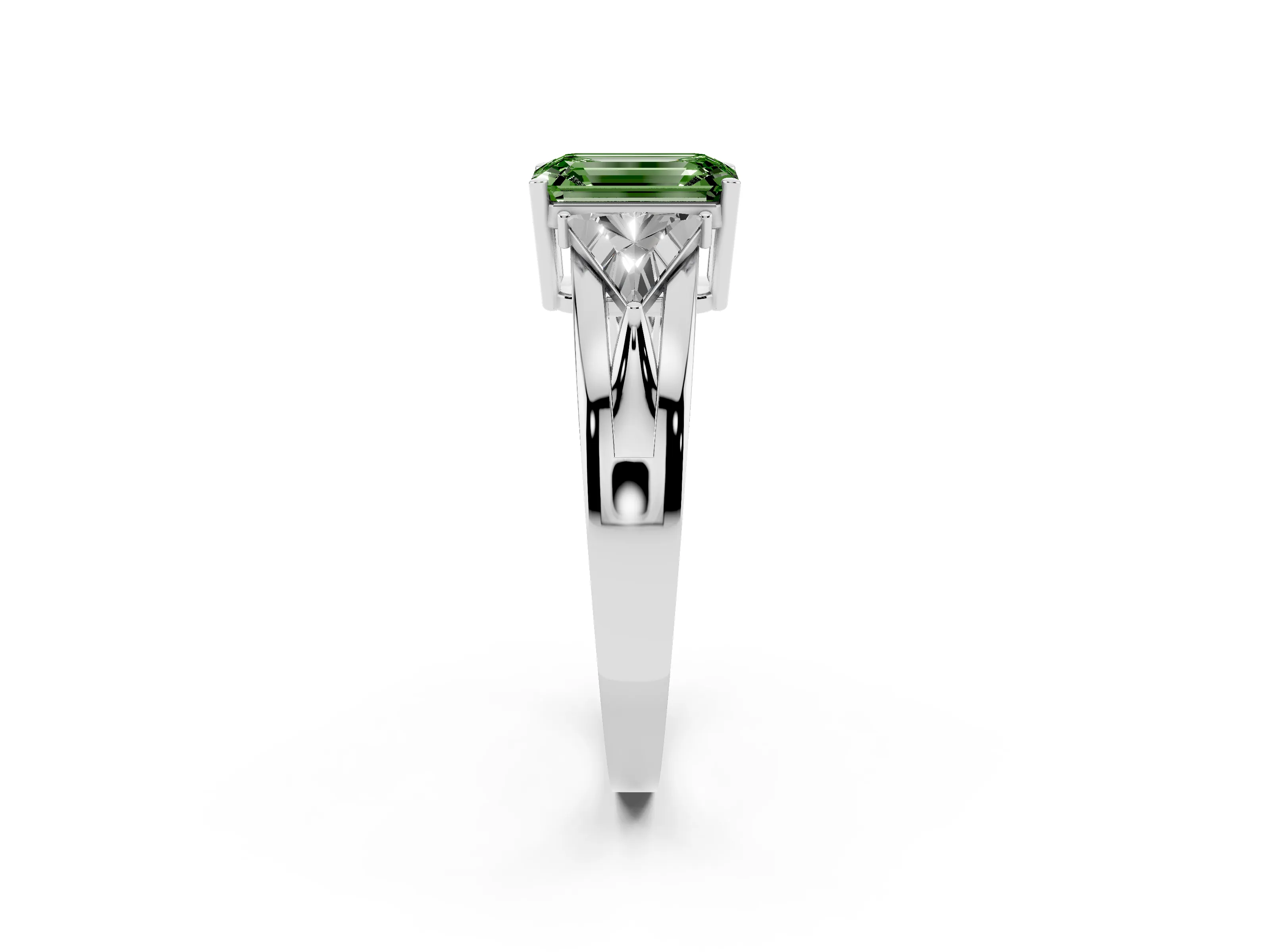 Fancy Green Emerald Cut Diamond Three-Stone Ring Set in Silver with Trillion Side Stones and Split Shank