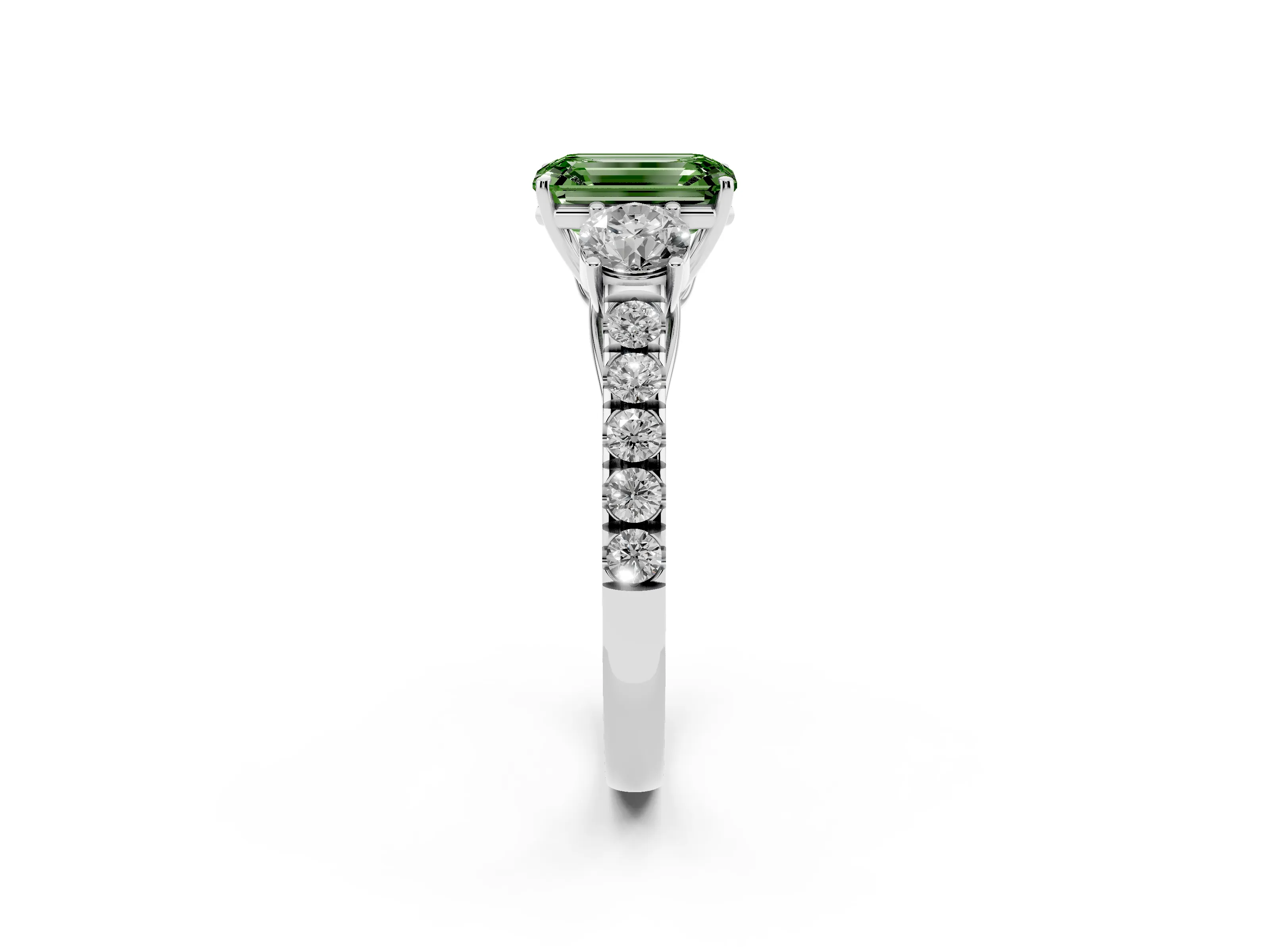 Fancy Green Emerald Cut Diamond Three-Stone Ring Set in White gold with Round Side Stones and Delicate Pavé Band
