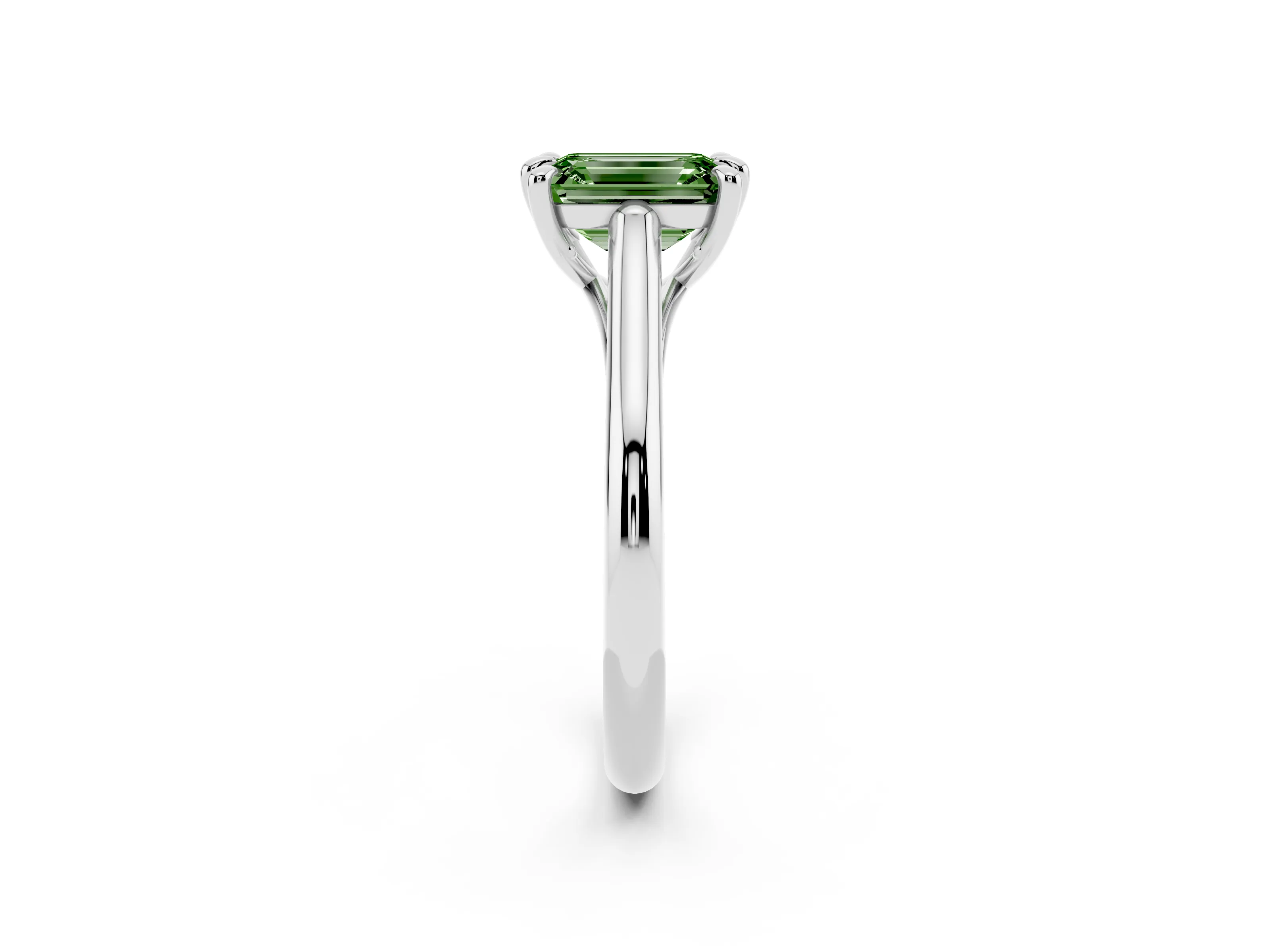 Fancy Green Emerald Cut Diamond Solitaire Engagement Ring Set in Silver with Prong Setting and Plain Classic Band
