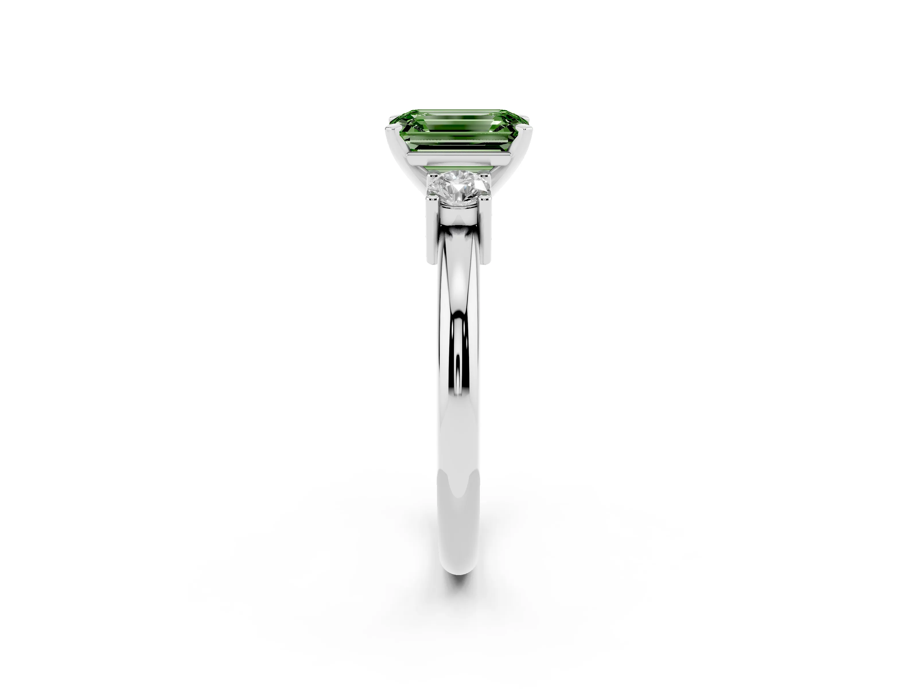 Fancy Green Three-Stone Emerald Cut Diamond Ring Set in Platinum with Prong Setting and Plain Band