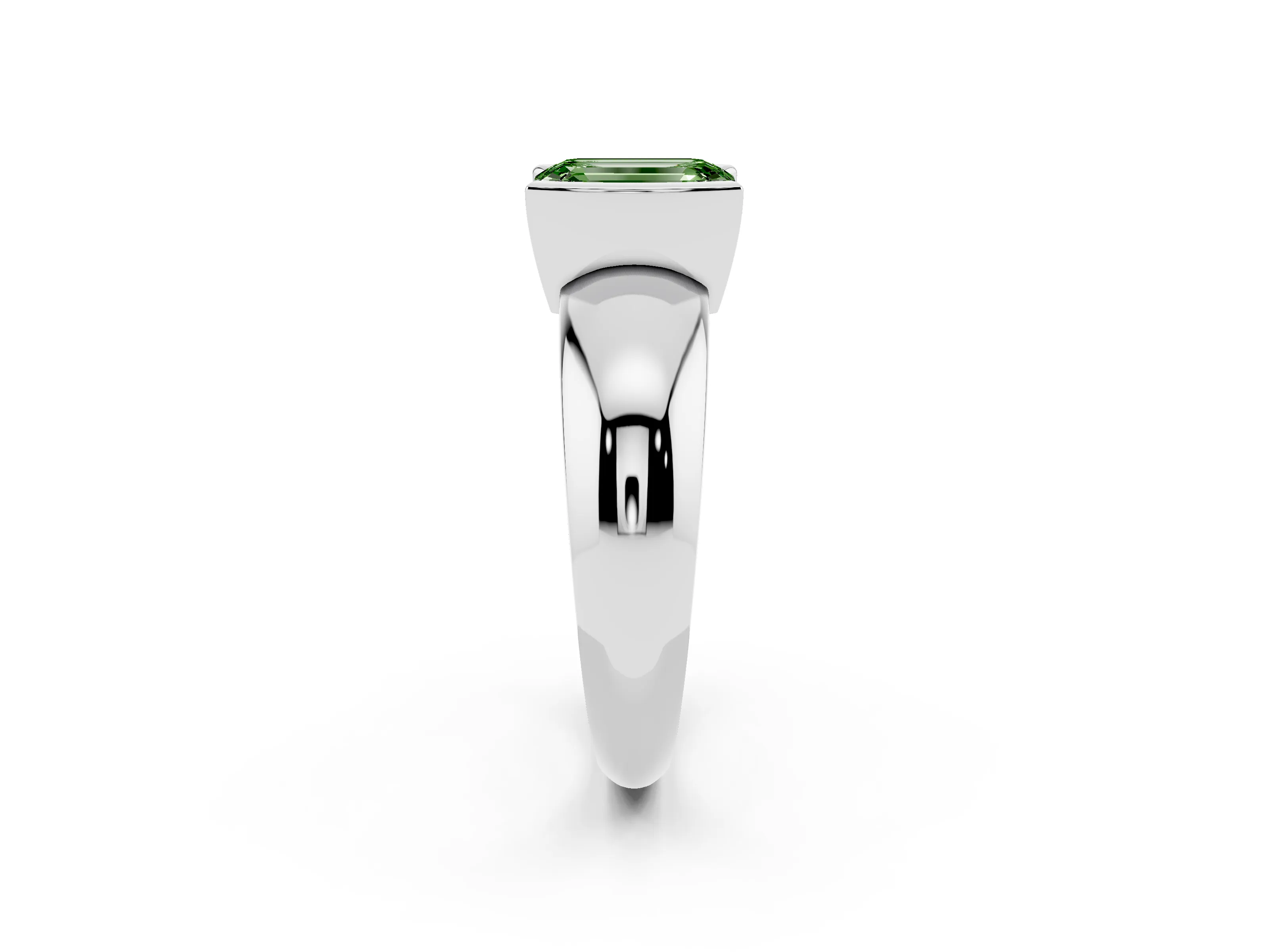 Fancy Green Emerald Cut Diamond Solitaire Tension Set Ring Set in White gold with Wide Band