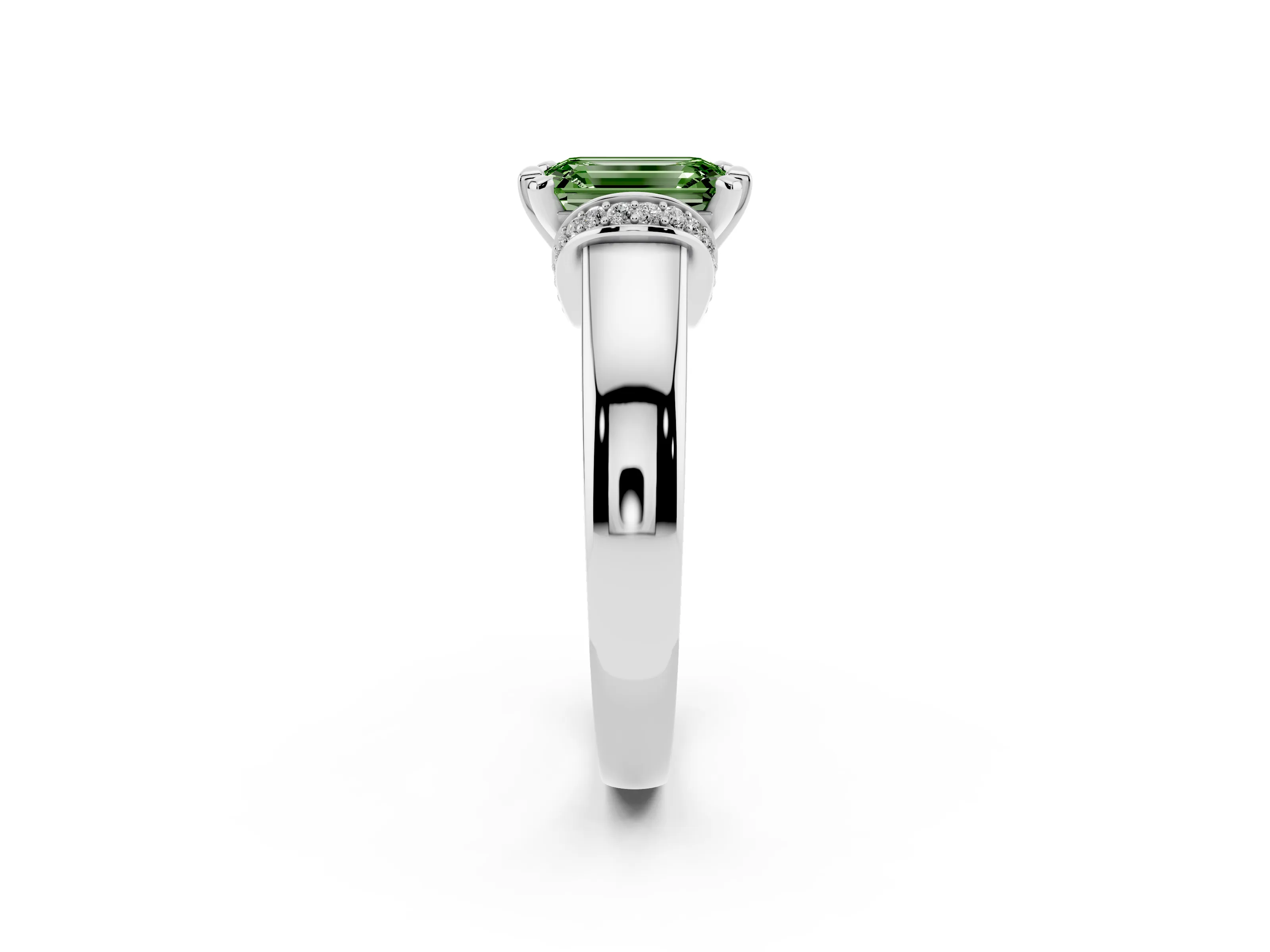 Fancy Green Emerald Cut Diamond Pavé Band Solitaire Ring Set in Platinum with Prong Setting