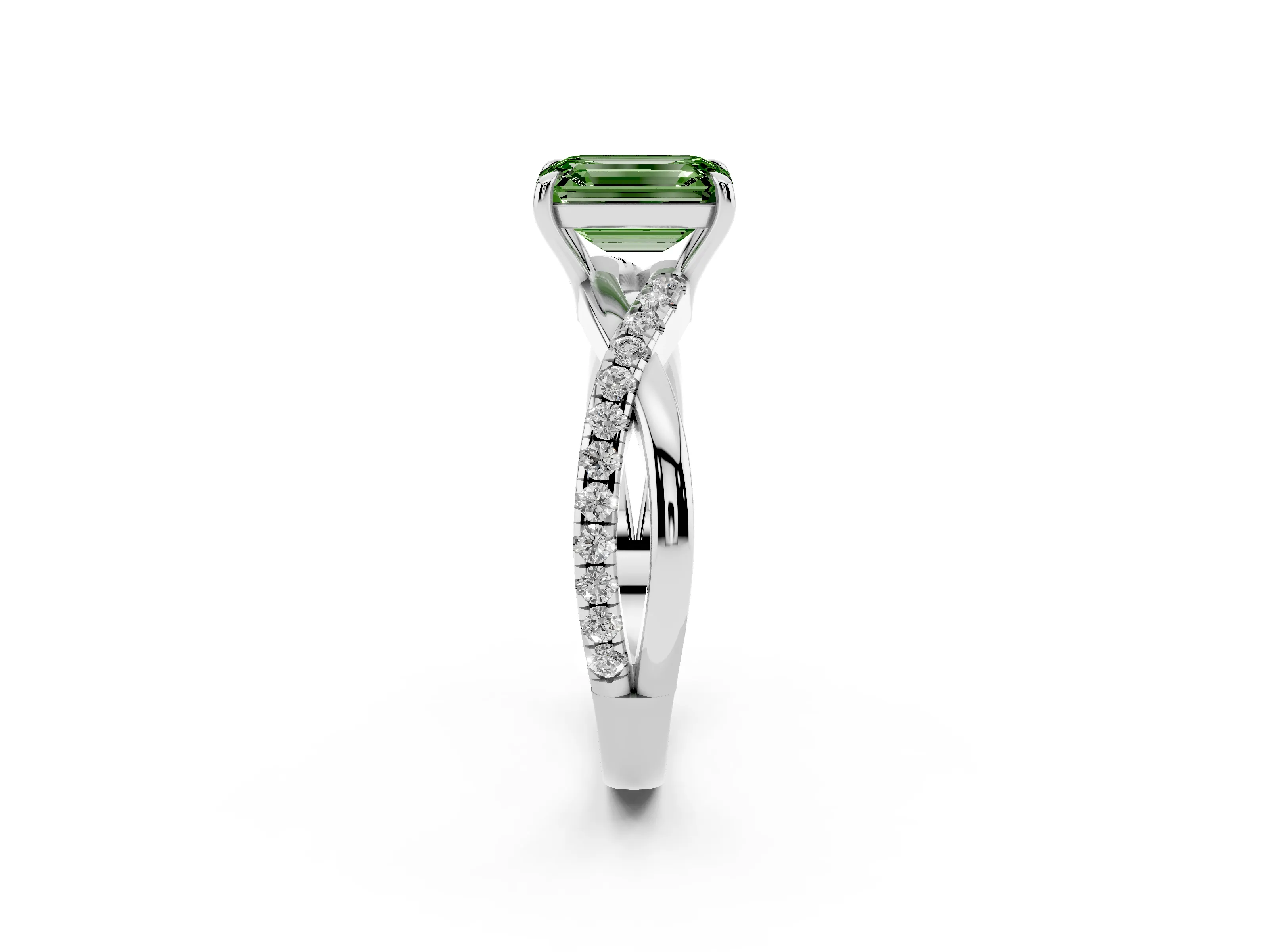 Fancy Green Emerald Cut Diamond Twisted Pavé Band Ring Set in Silver with Prong Setting