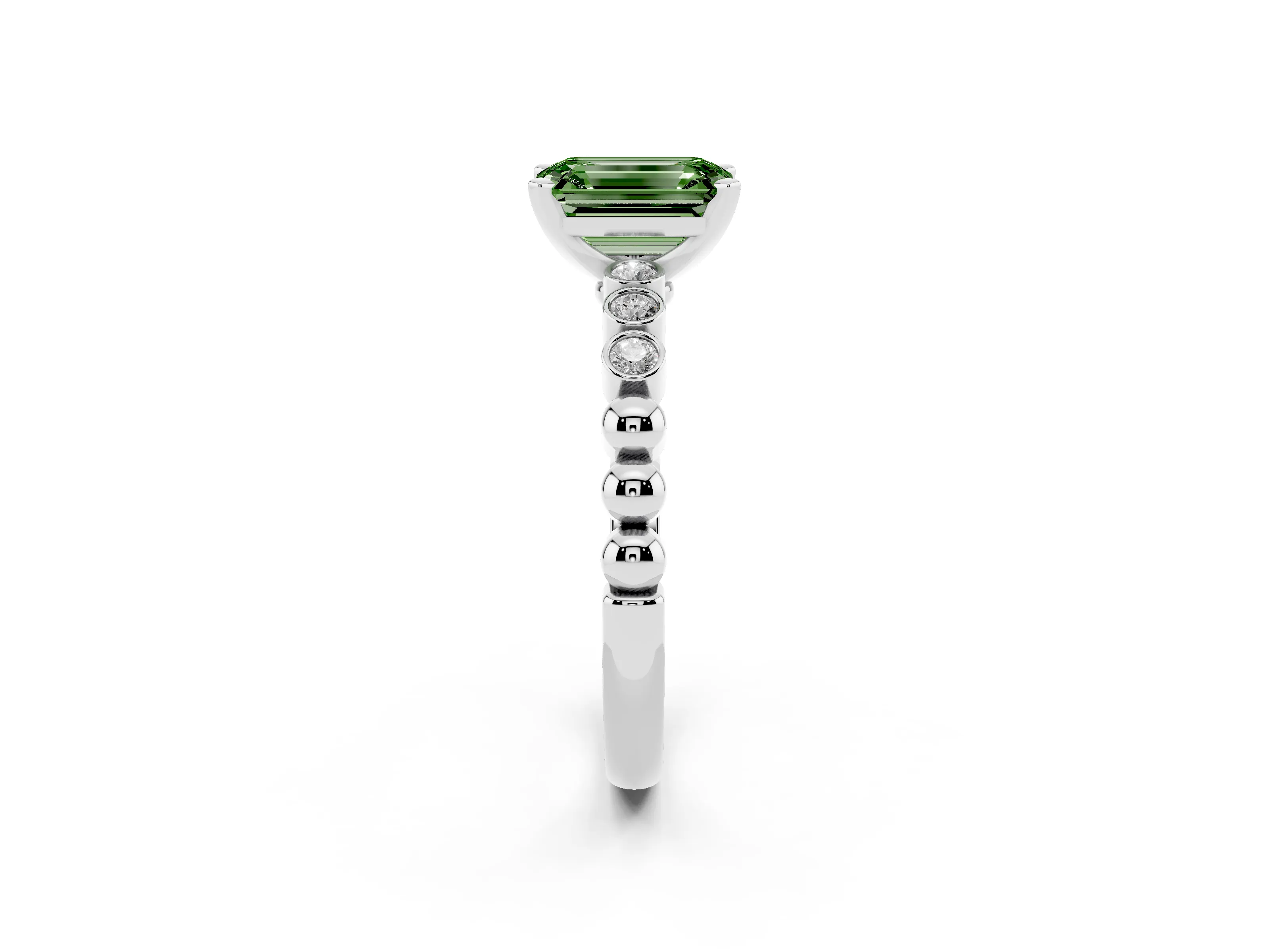 Fancy Green Emerald Cut Diamond Solitaire Engagement Ring Set in Platinum with Bezel Accents on Beaded Band