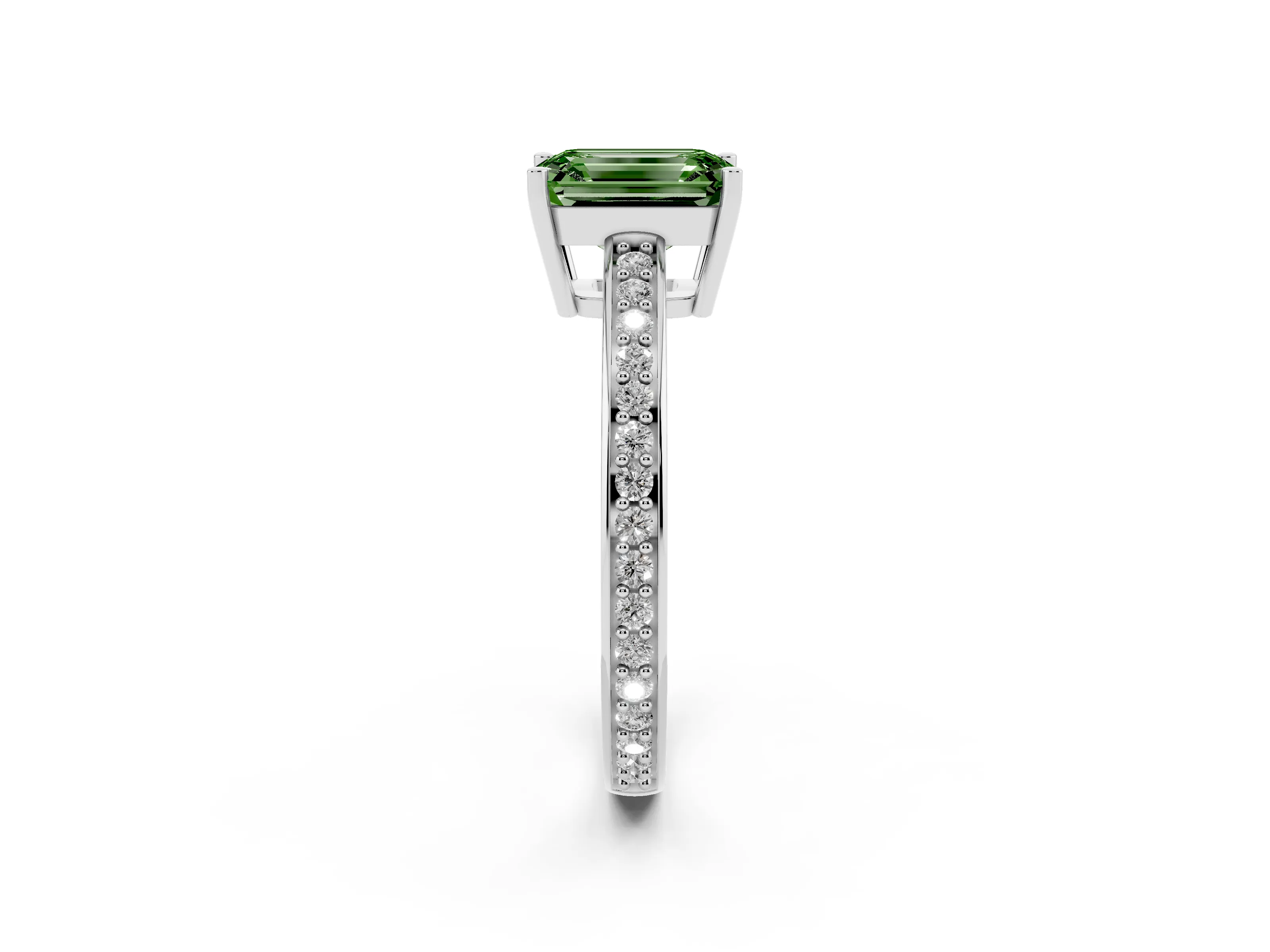 Fancy Green Emerald Cut Diamond Pavé Band Prong Set Solitaire Ring Set in White gold