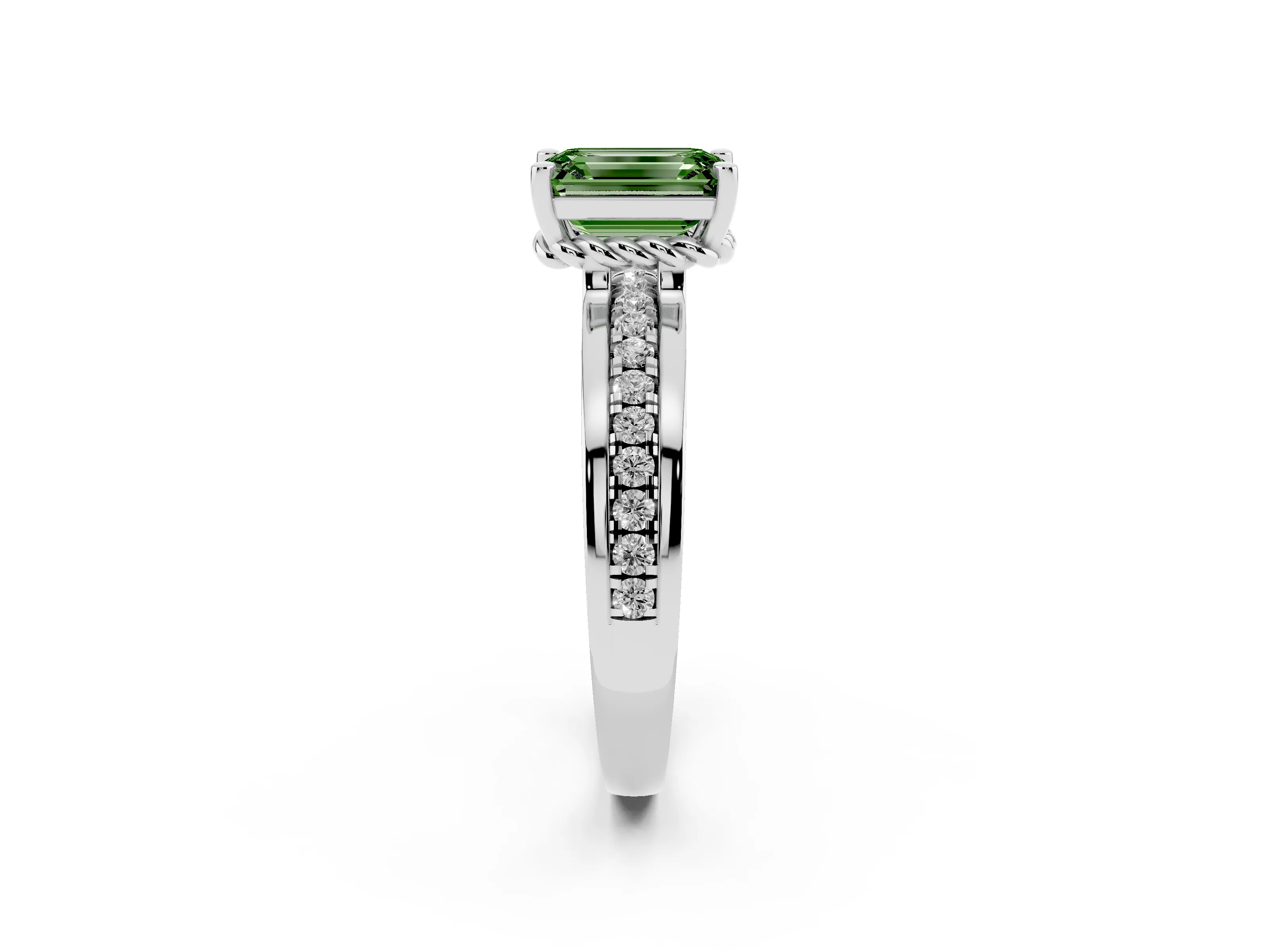 Fancy Green Emerald Cut Diamond Solitaire Ring Set in Silver with Channel Set Band and Prong Setting