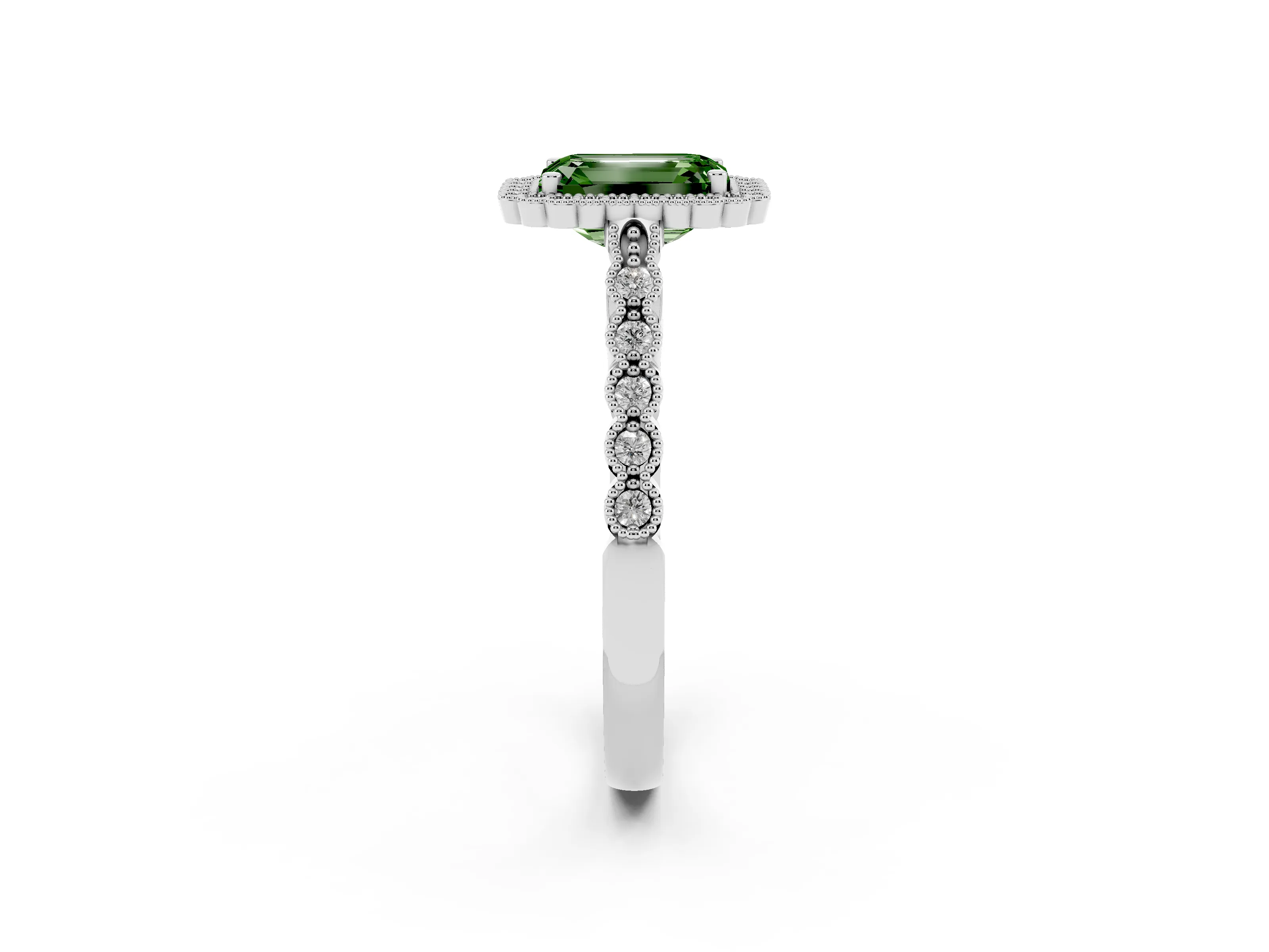 Fancy Green Emerald Cut Diamond Halo Ring Set in White gold with Pavé Milgrain Band