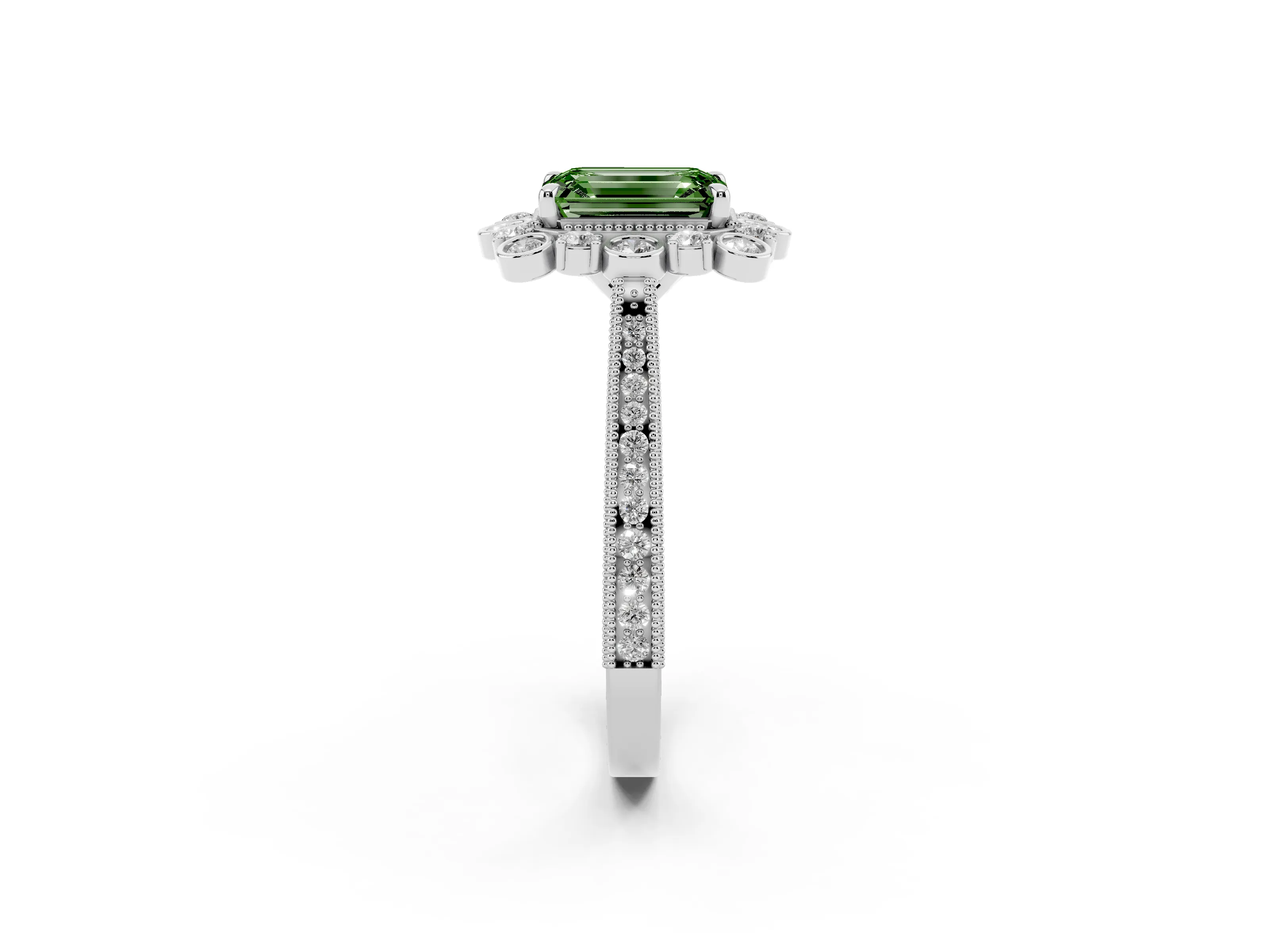 Fancy Green Emerald Cut Diamond Halo Milgrain Pavé Ring Set in White gold with Prong Setting