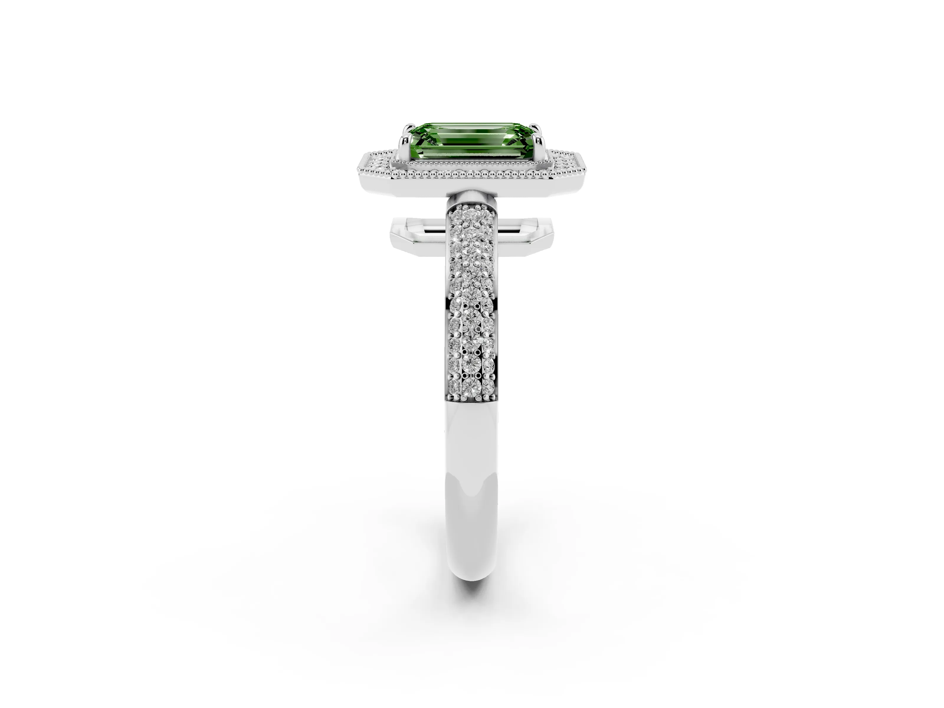 Fancy Green Emerald Cut Diamond Halo Pavé Band Set in Platinum with Prong Setting