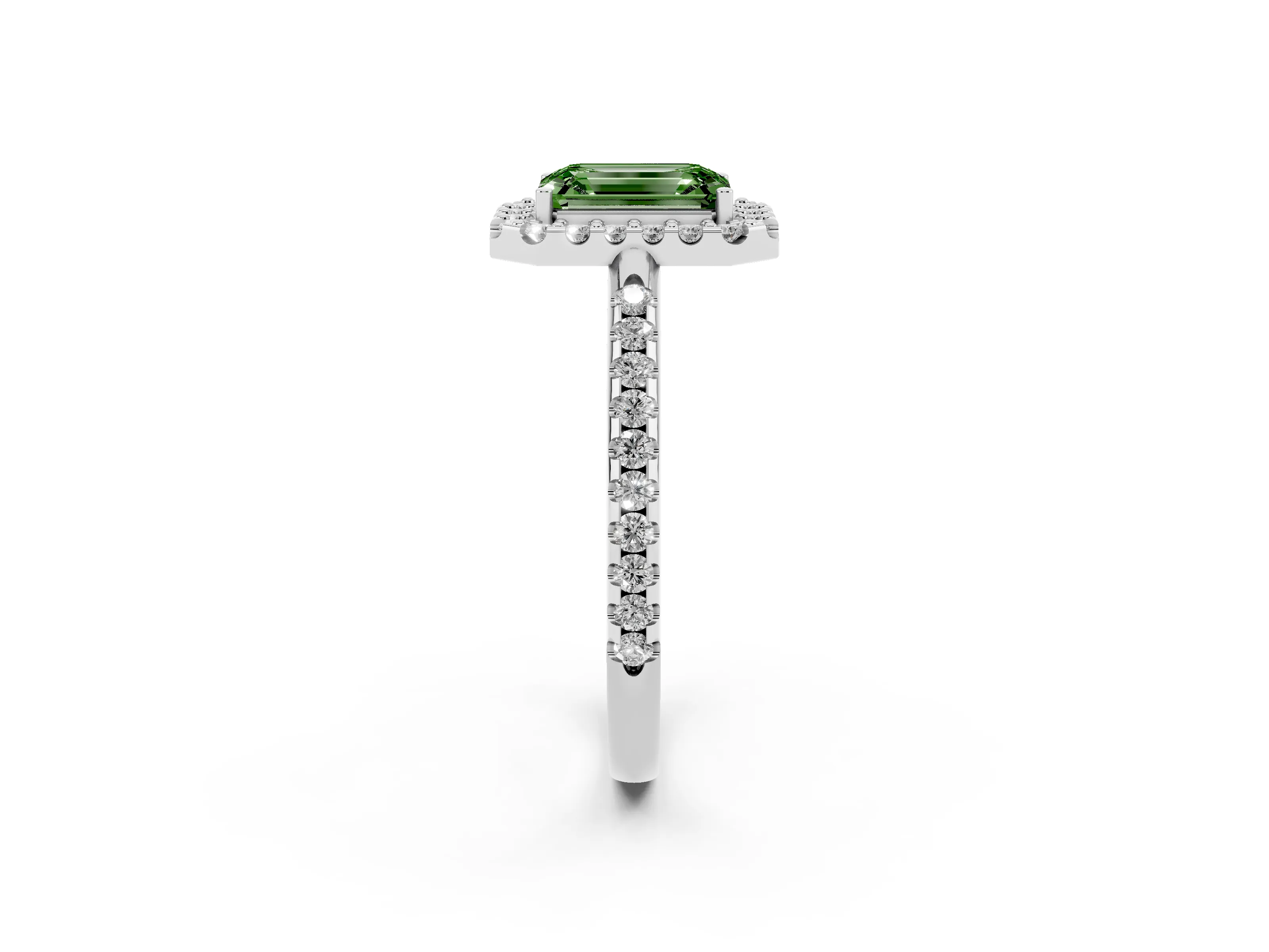 Fancy Green Emerald Cut Diamond Pavé Halo Ring Set in Platinum with Prong Setting