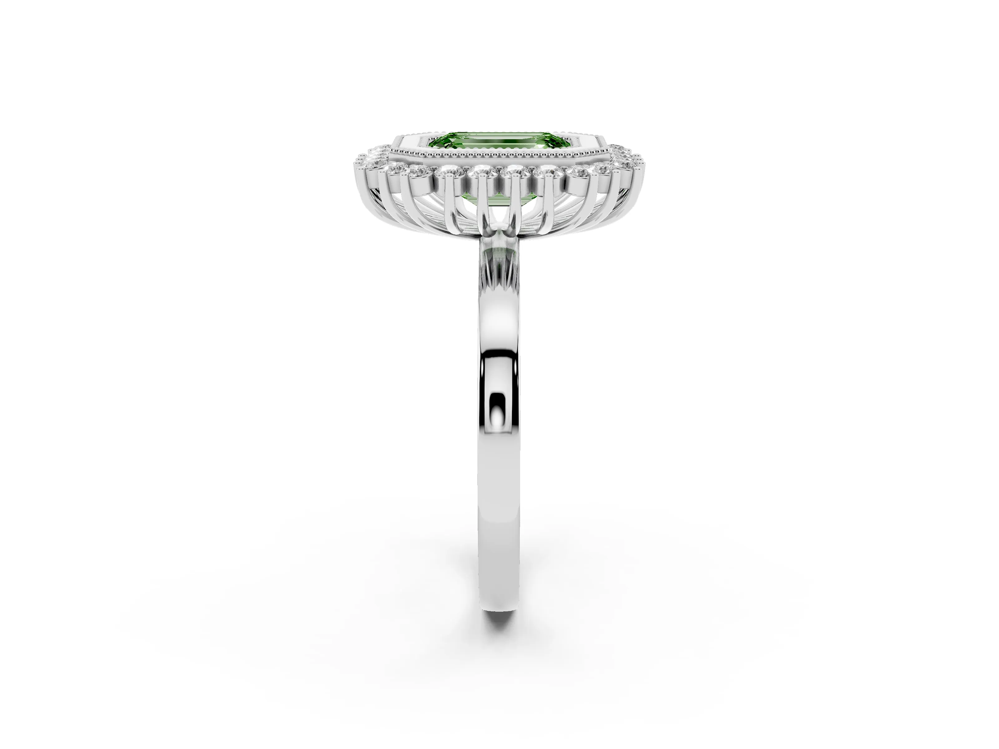 Fancy Green Emerald Cut Diamond Halo Ring Set in Silver with Milgrain Edge and Round Prong Setting