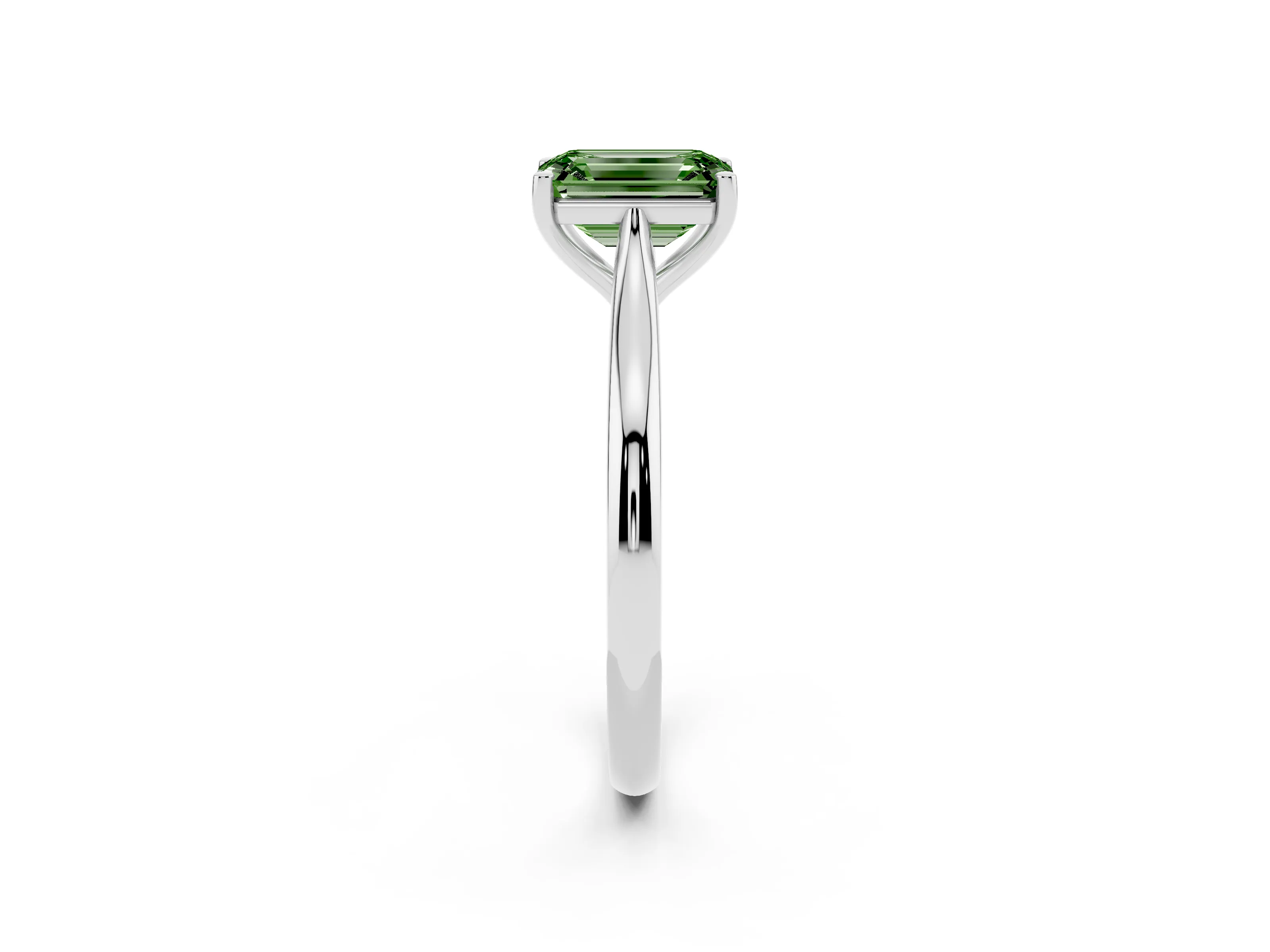 Fancy Green Emerald Cut Diamond Solitaire Ring Set in Silver with Cathedral Band and Prong Setting