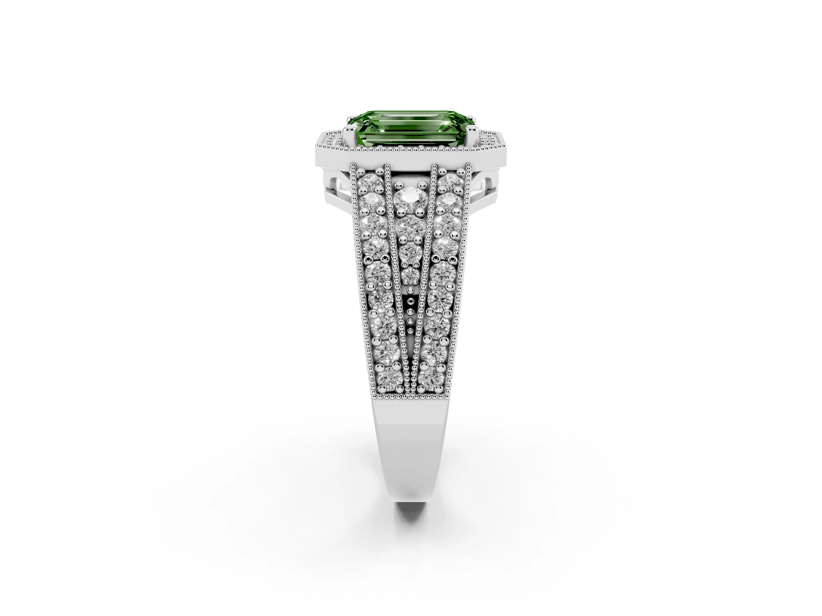 Fancy Green Emerald Cut Diamond Halo Ring Set in Silver with Accent Split Shank and Prong Setting
