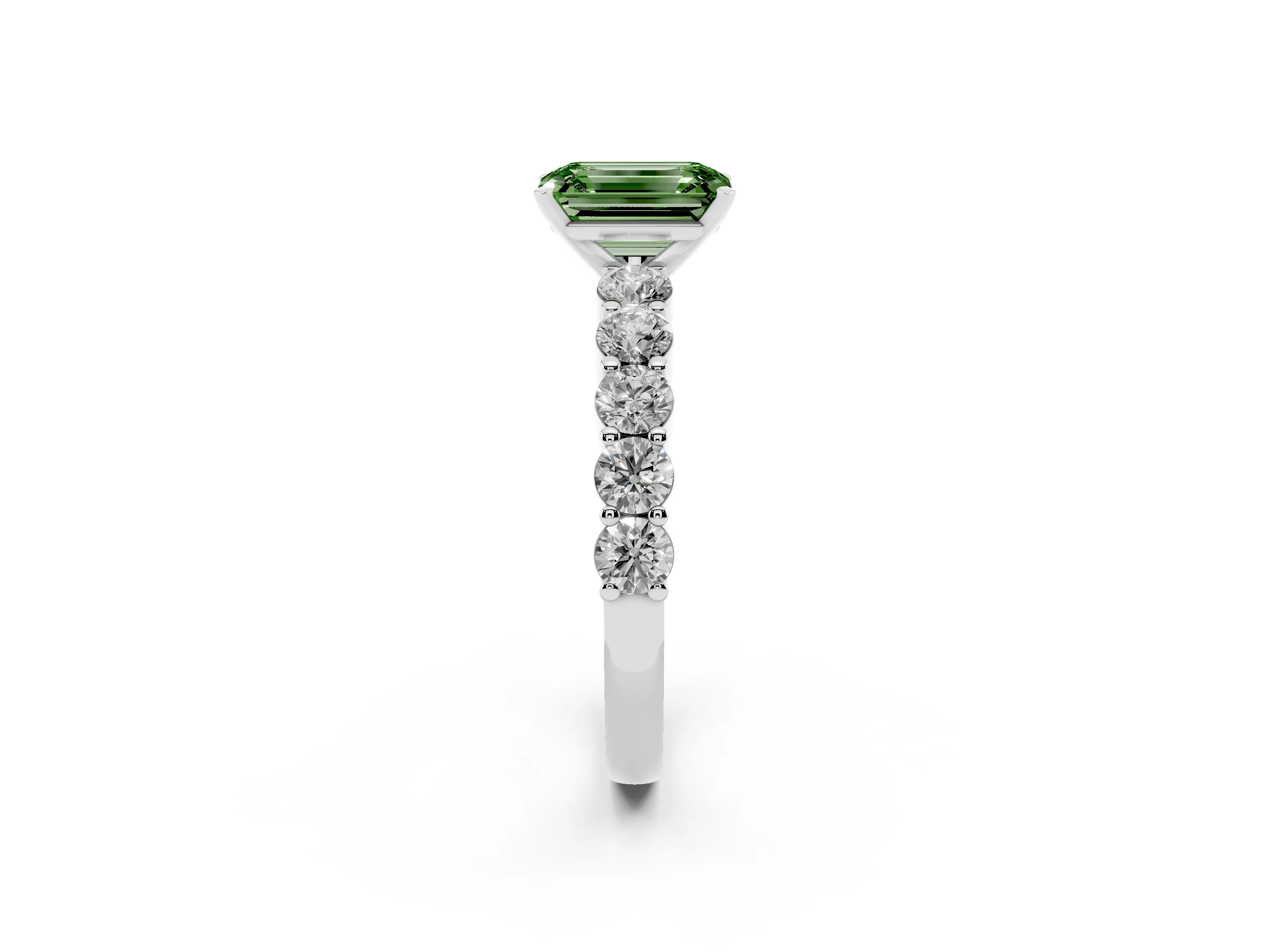 Fancy Green Emerald Cut Diamond Solitaire Ring Set in White gold with Shared Prong Round Side Stones