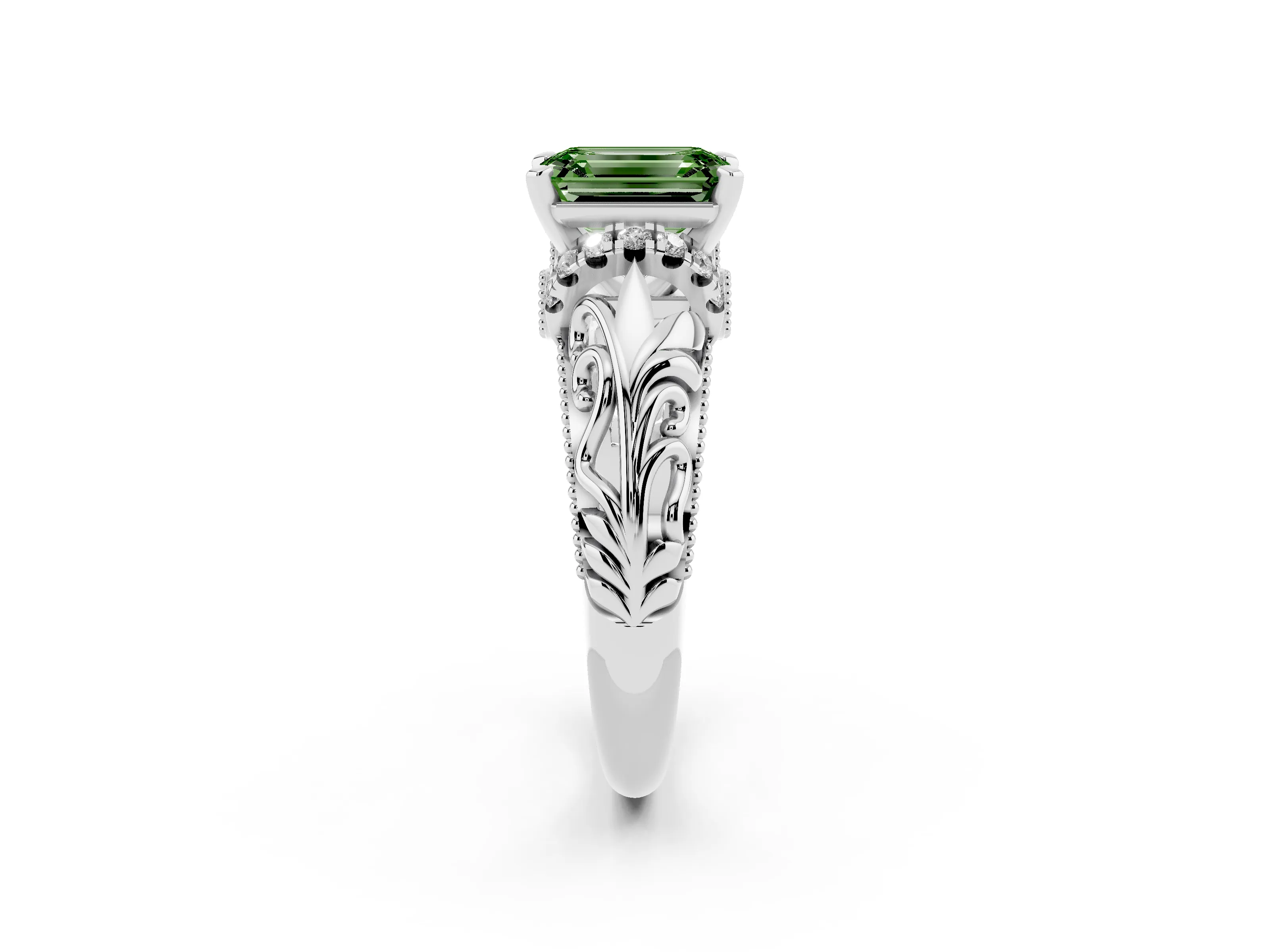 Fancy Green Emerald Cut Diamond Filigree Halo Engagement Ring Set in White gold with Prong Setting