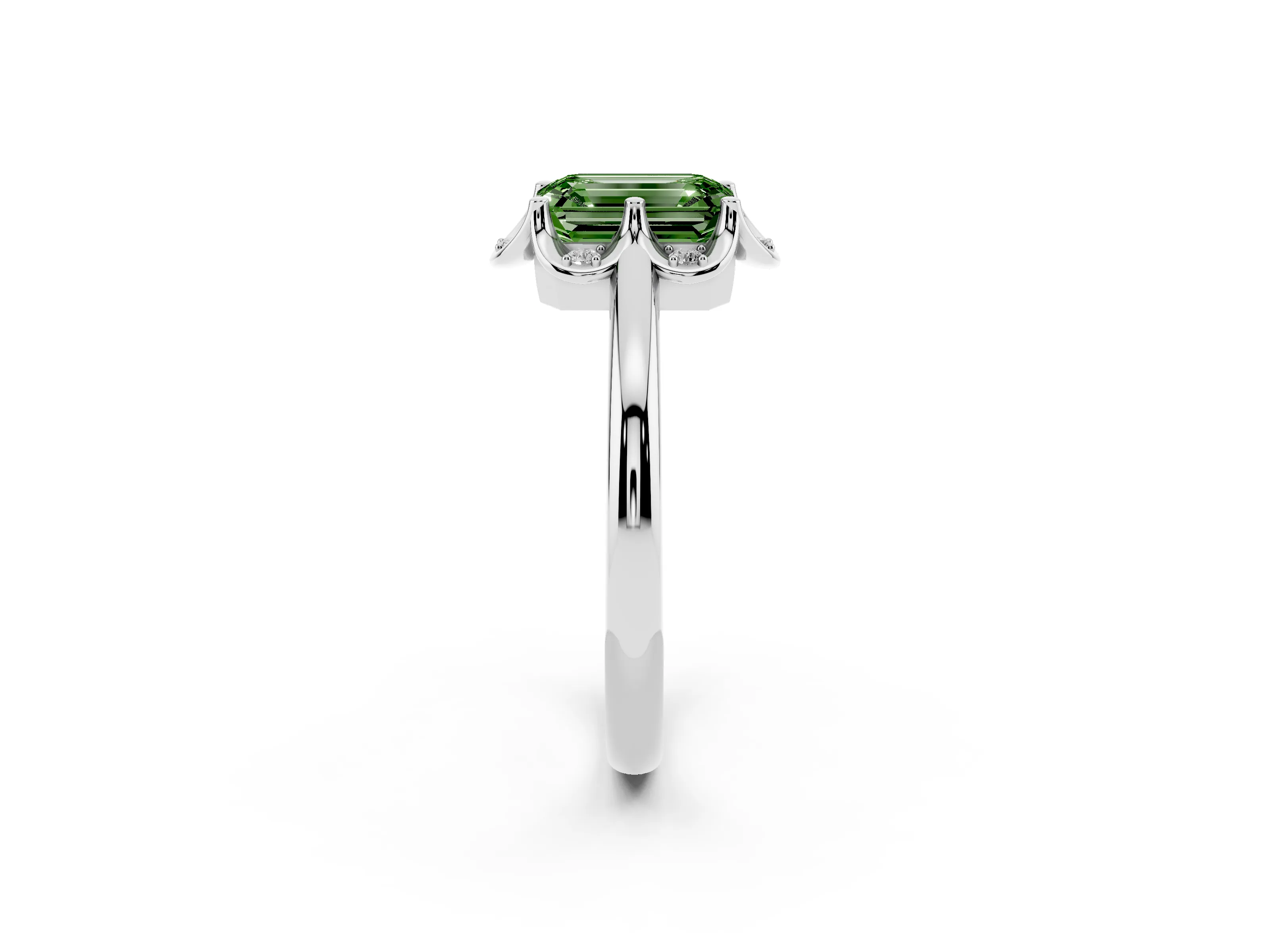 Fancy Green Emerald Cut Diamond Round Cluster Halo Ring Set in Platinum with Solitaire Band and Prong Setting
