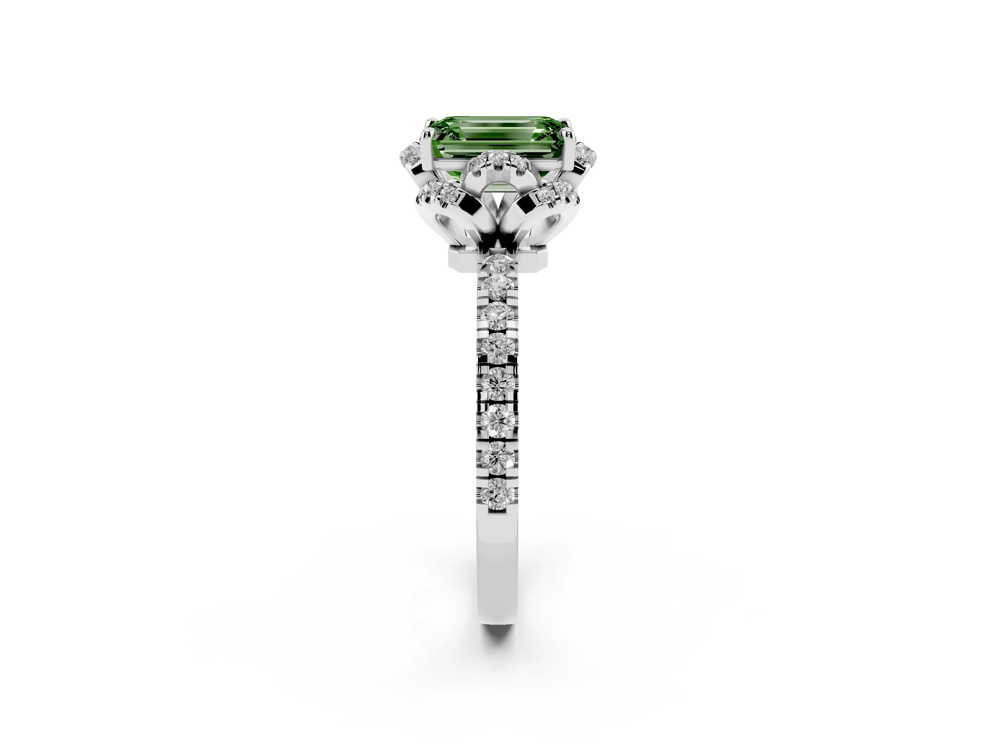 Fancy Green Emerald Cut Diamond Halo Pavé Band Ring Set in Platinum with Prong-Held Center