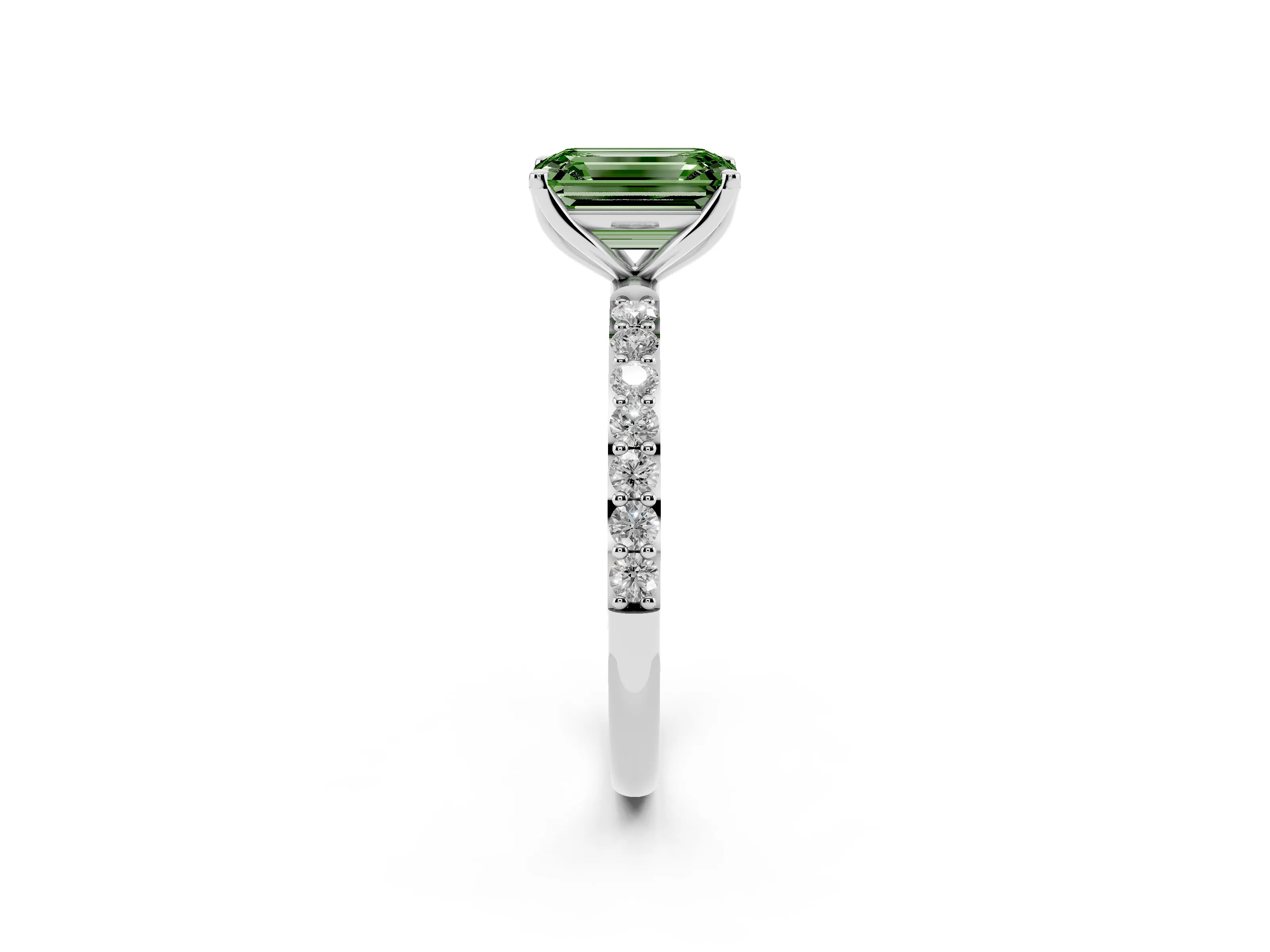 Fancy Green Emerald Cut Diamond Solitaire Engagement Ring Set in Platinum with Round Pavé Band and Prong Setting