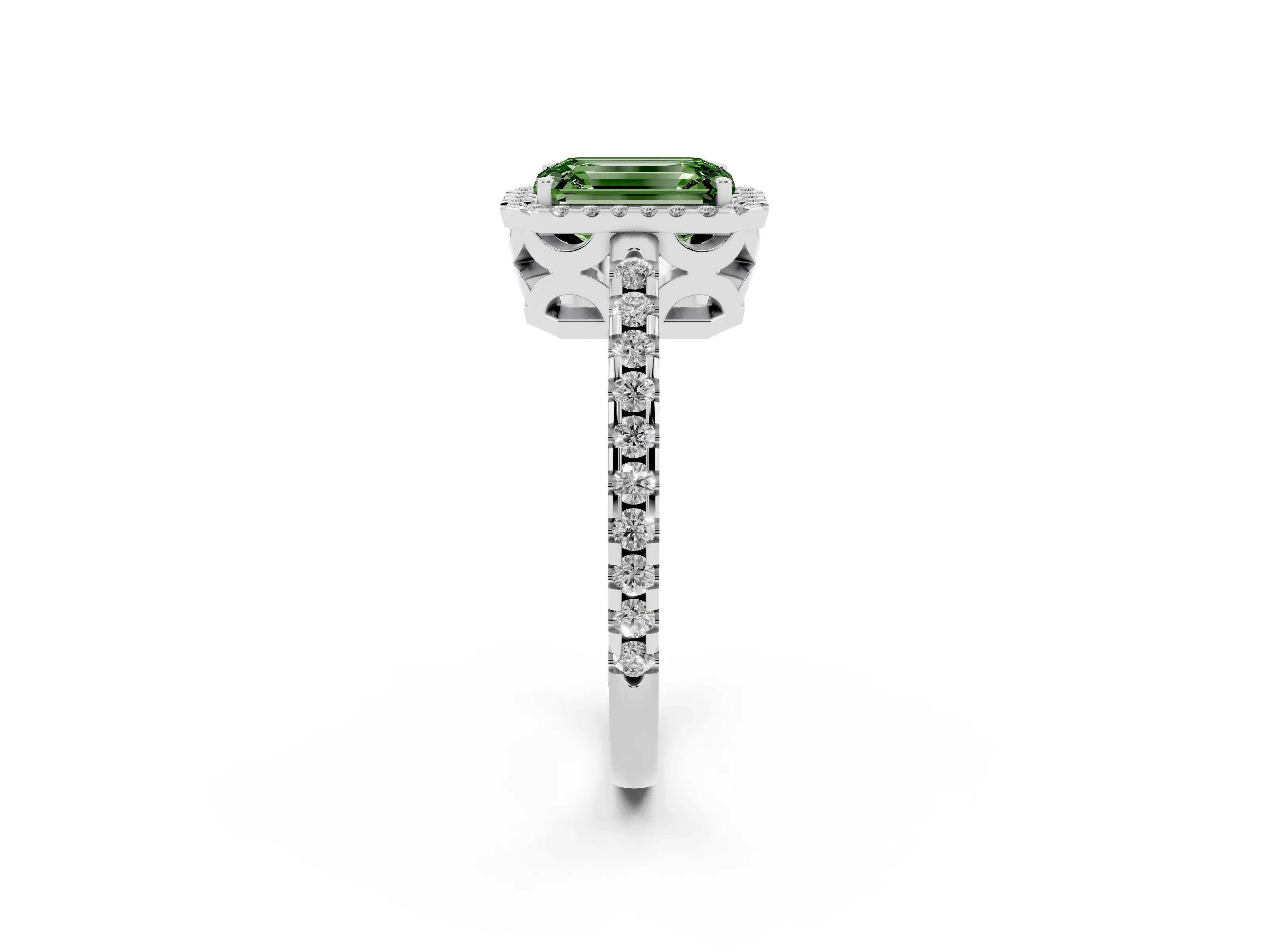 Fancy Green Emerald Cut Diamond Halo Ring Set in White gold with Pavé Shoulders and Halo-Framed Center