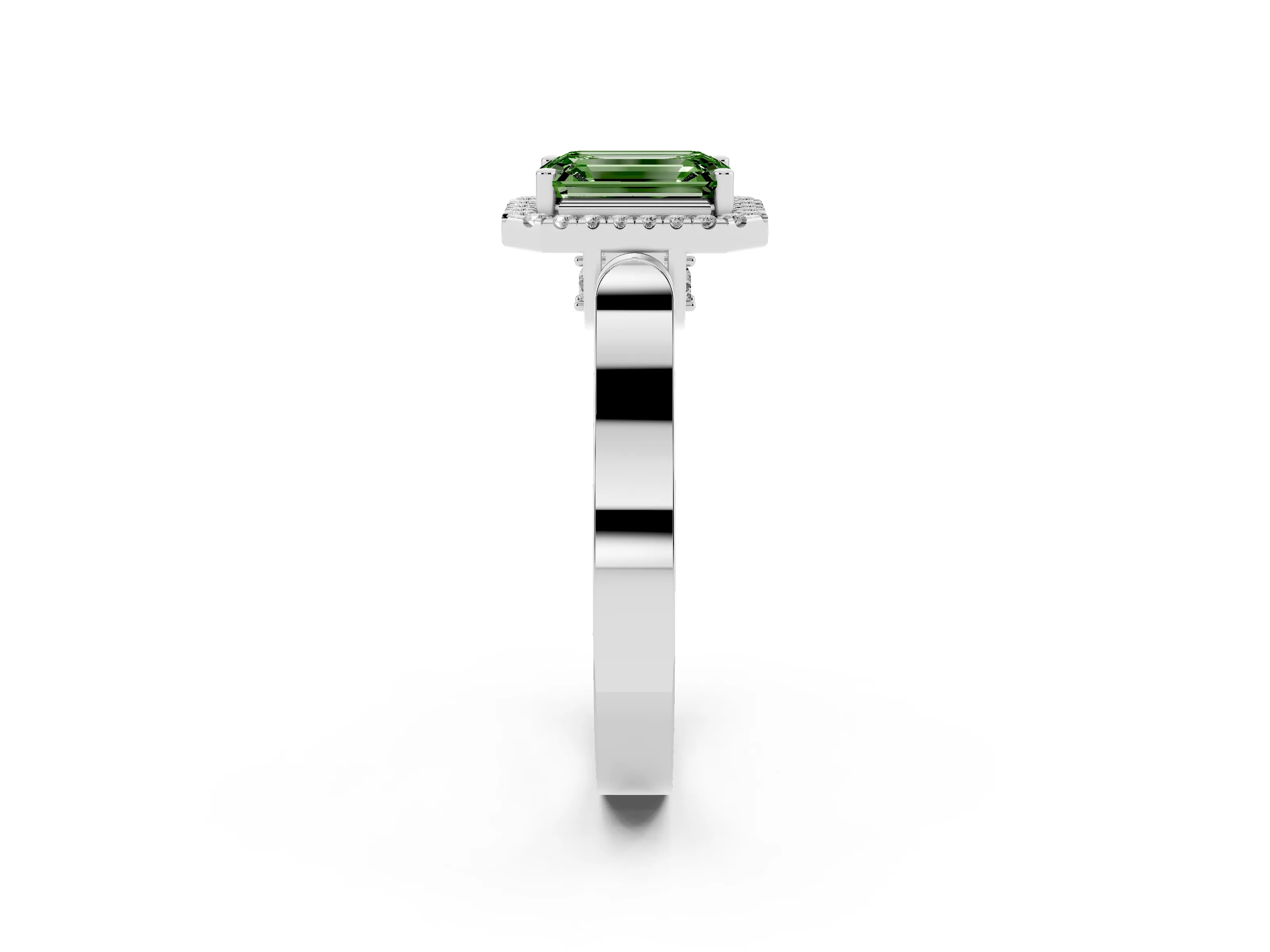 Fancy Green Emerald Cut Diamond Halo Ring Set in Platinum with Pavé-Lined Split Shank Band