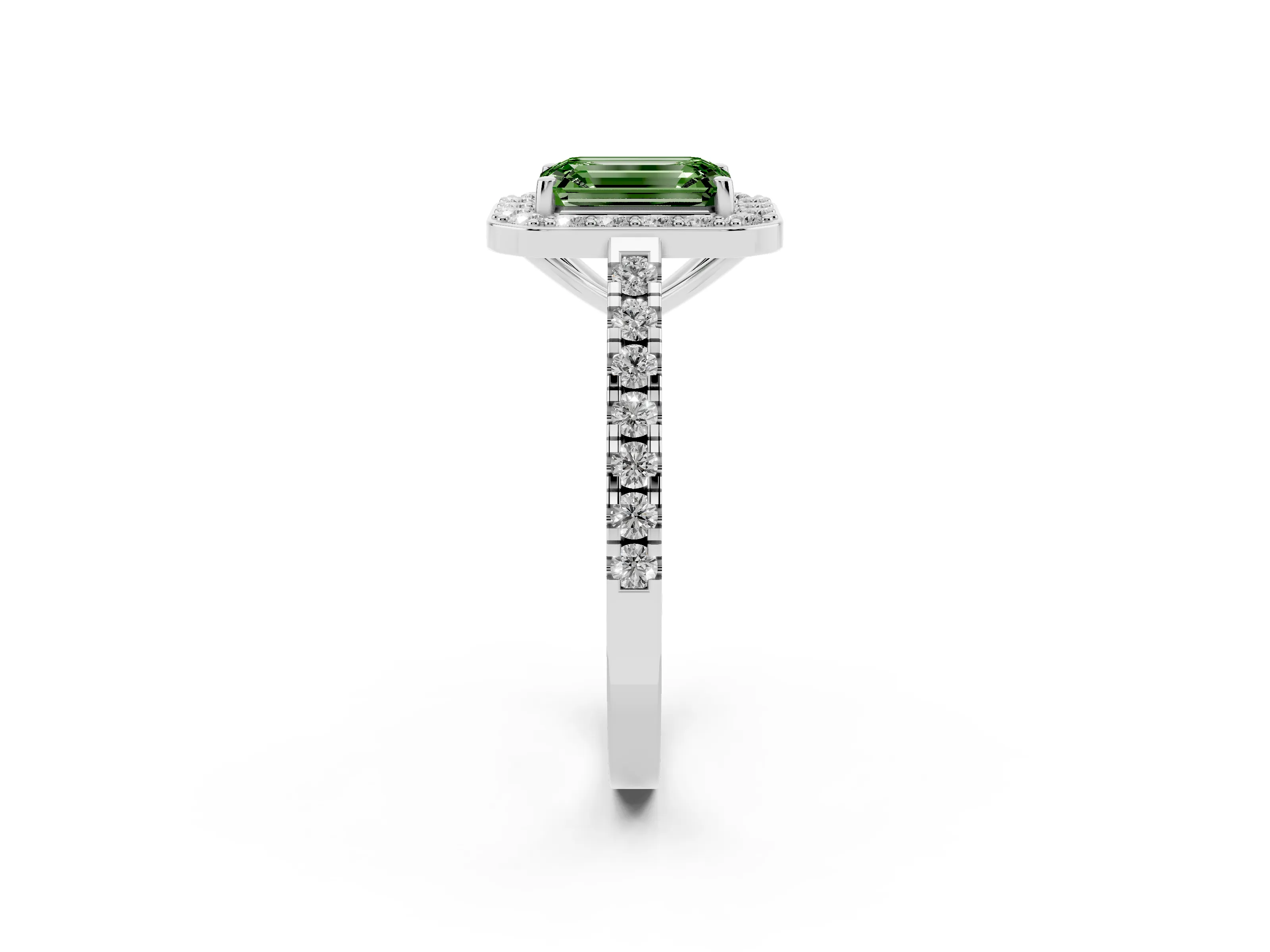 Fancy Green Emerald Cut Diamond Halo Ring Set in White gold with Round Pavé Split Shank and Prong Setting