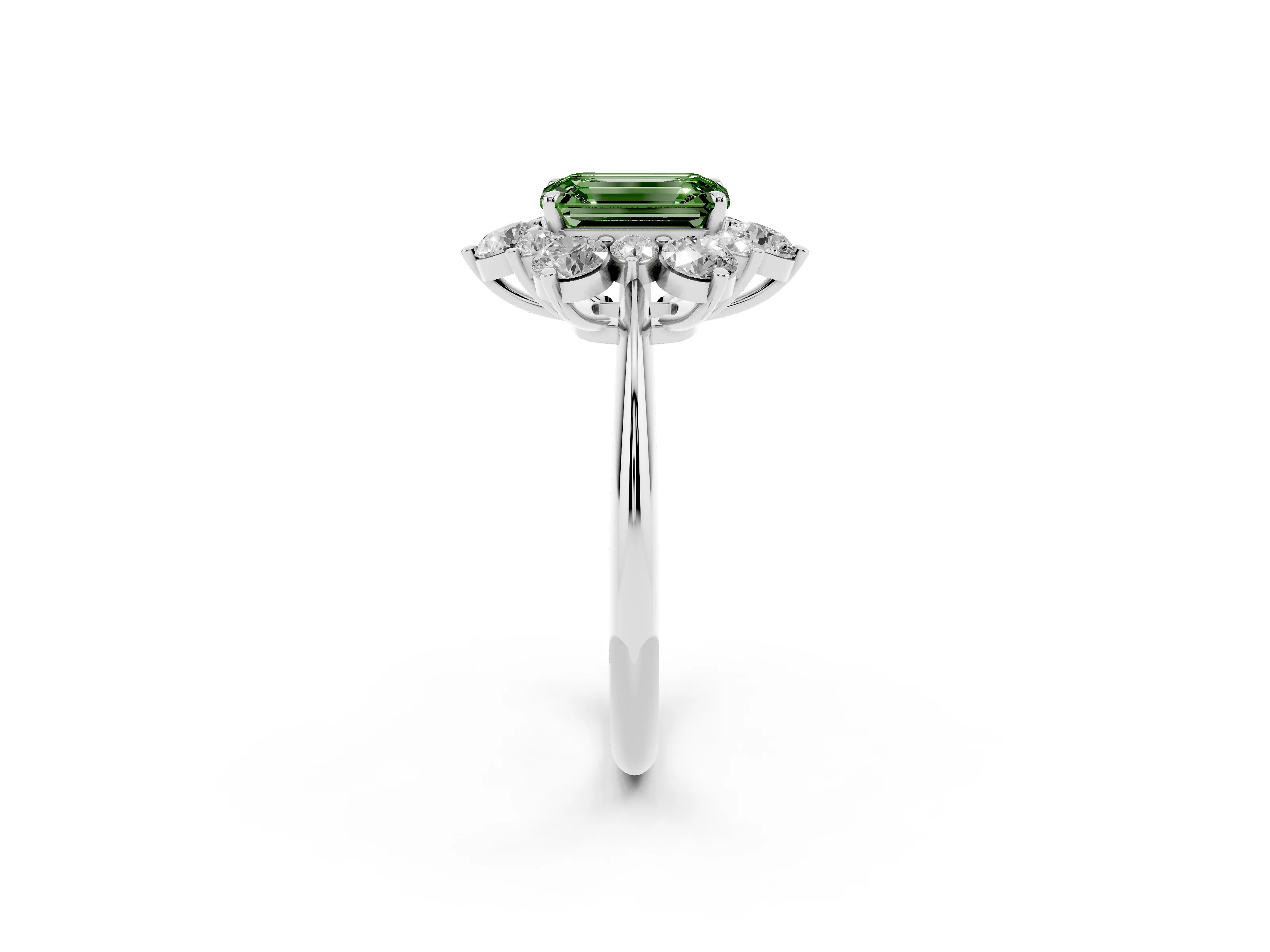 Fancy Green Emerald Cut Diamond Cluster Halo Ring Set in White gold with Solitaire Band and Prong Setting